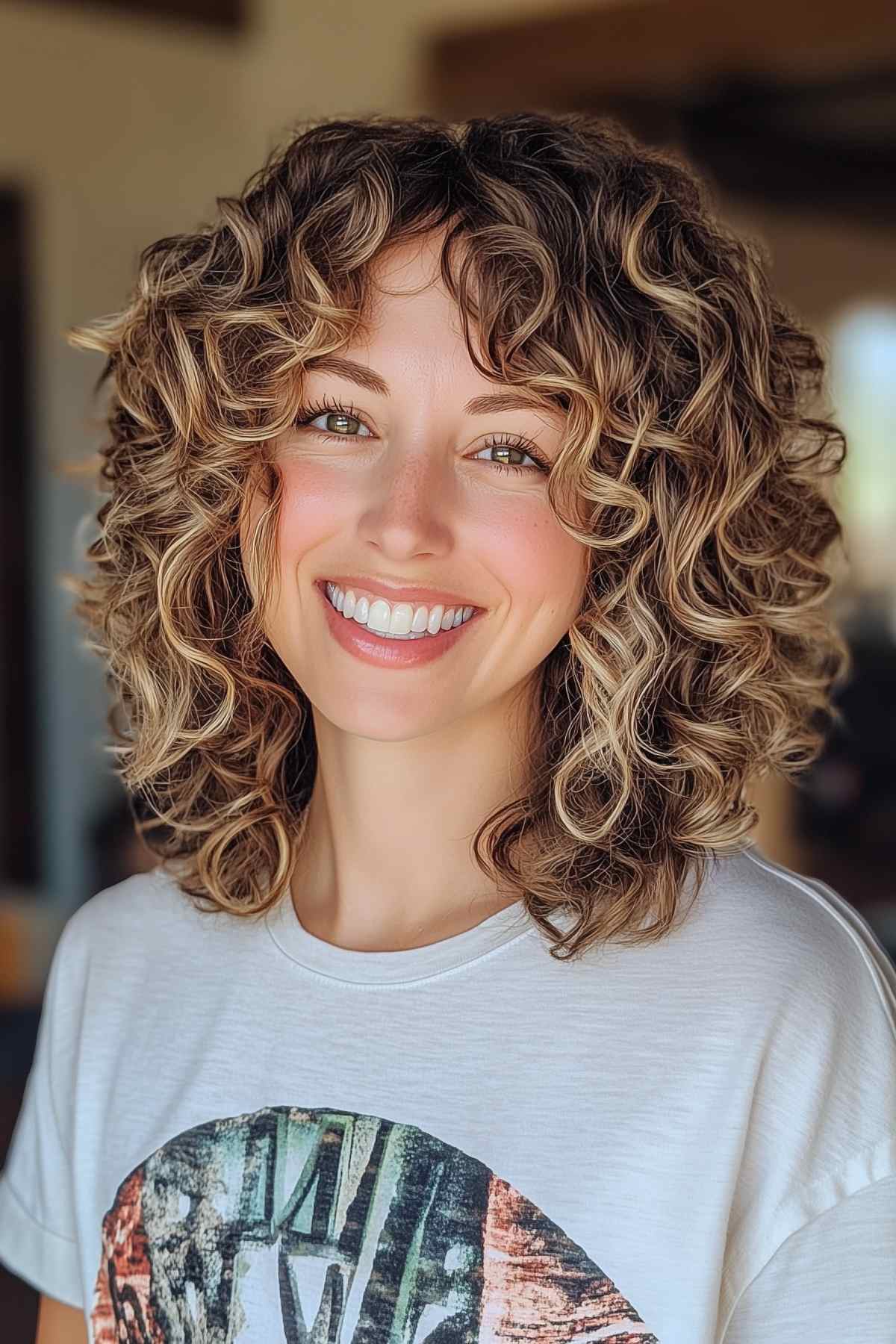 Woman with curly hair and curtain bangs, dark brown hair with auburn highlights