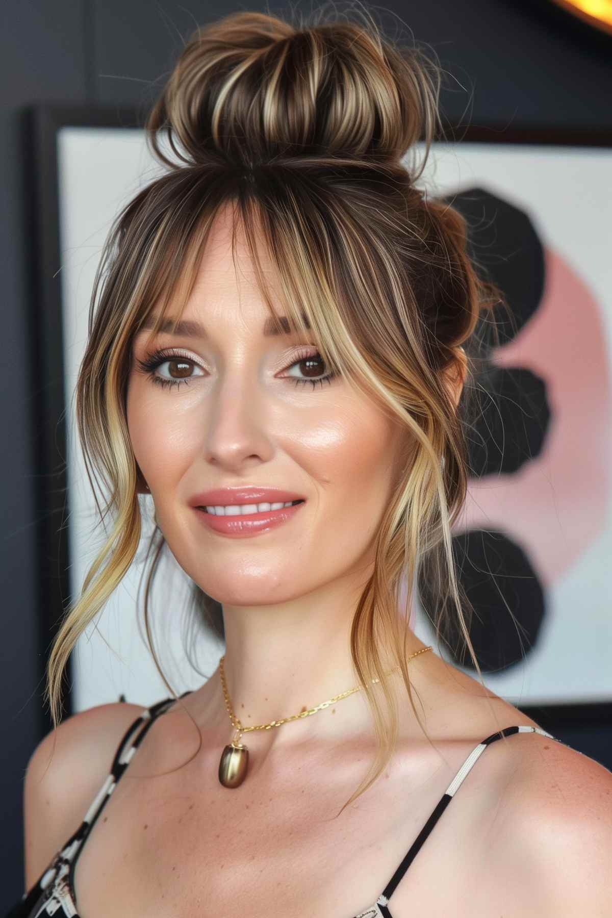 Woman with high bun and curtain bangs, dark blonde hair with platinum highlights