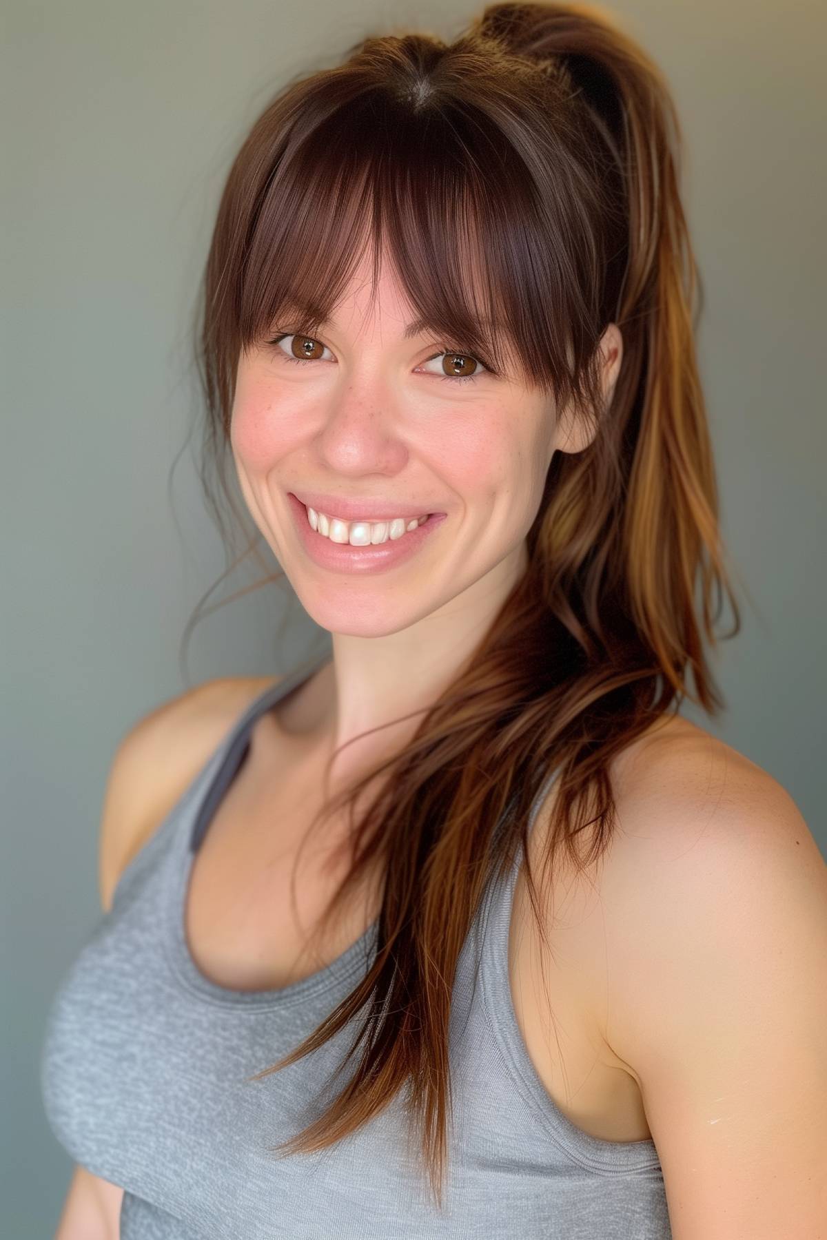 Woman with a high ponytail and curtain bangs, chestnut brown hair with caramel highlights