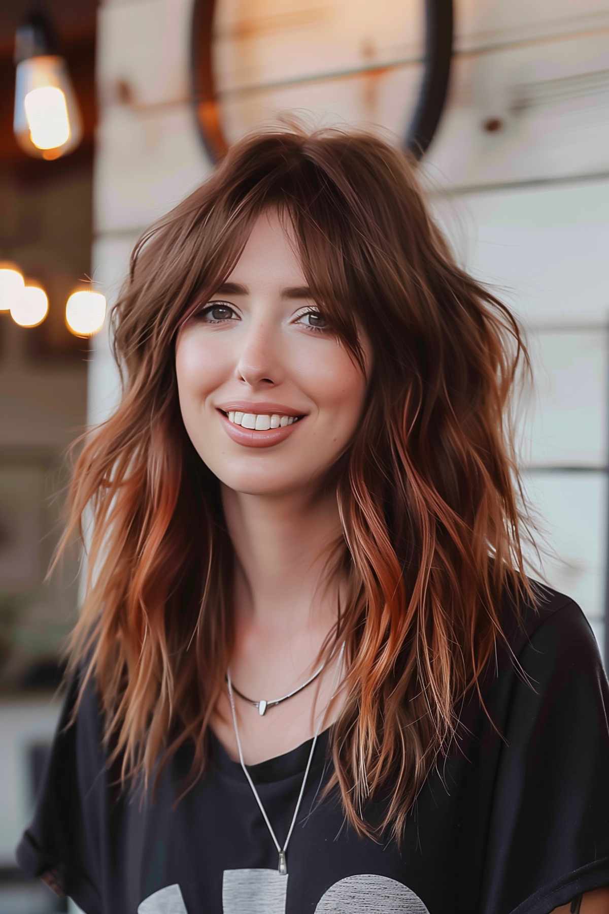 Woman with layered shag and curtain bangs, auburn hair with copper highlights