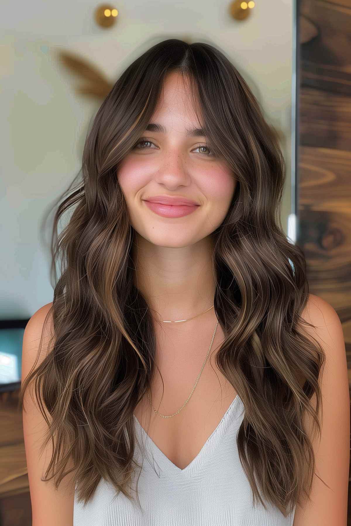 Woman with long waves and curtain bangs, caramel brown hair with golden highlights