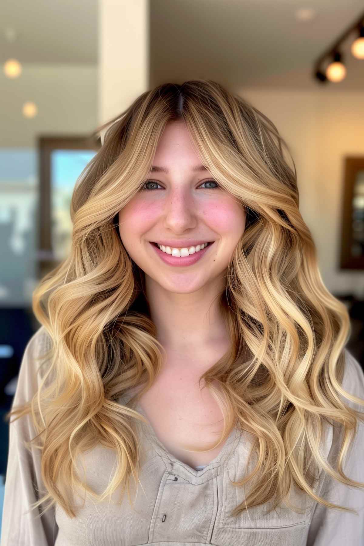 Woman with loose curls and curtain bangs, sandy blonde hair with sun-kissed highlights