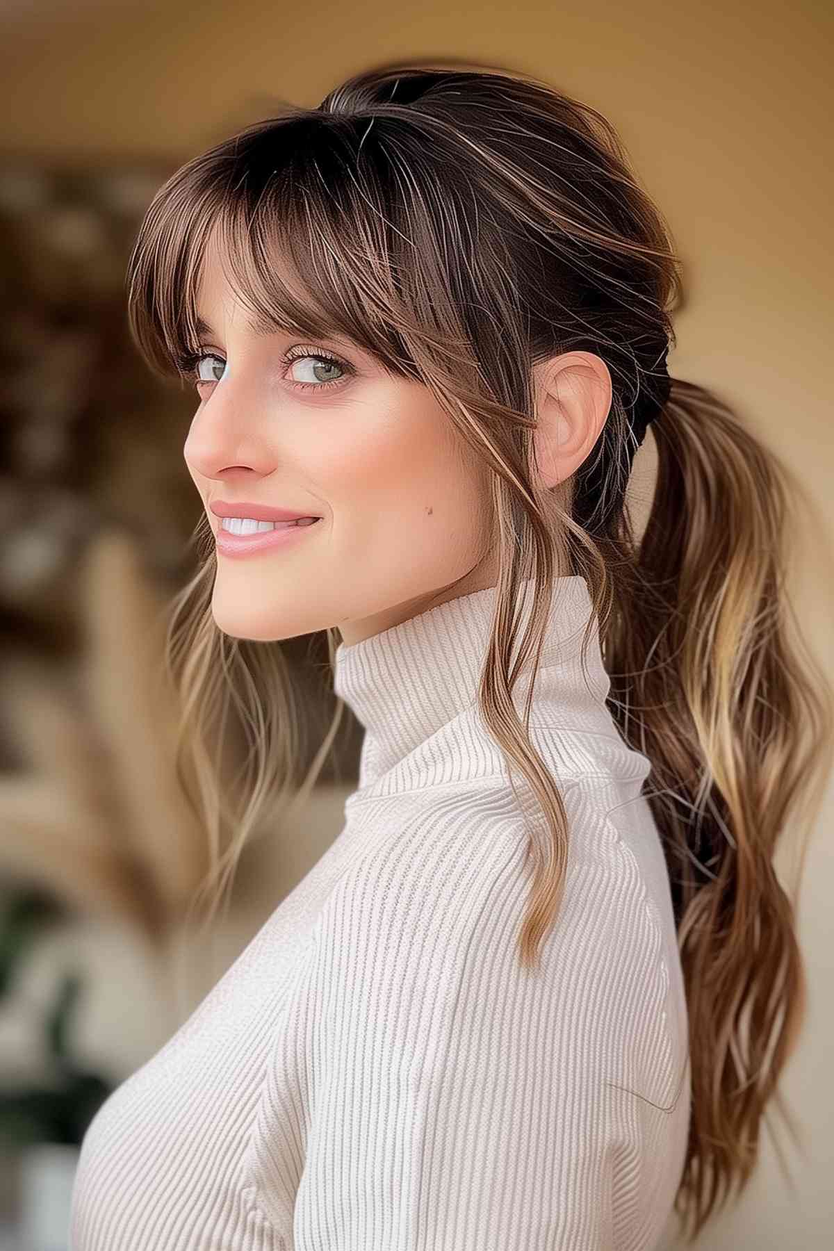 Woman with low ponytail and curtain bangs, dark brown hair with golden highlights