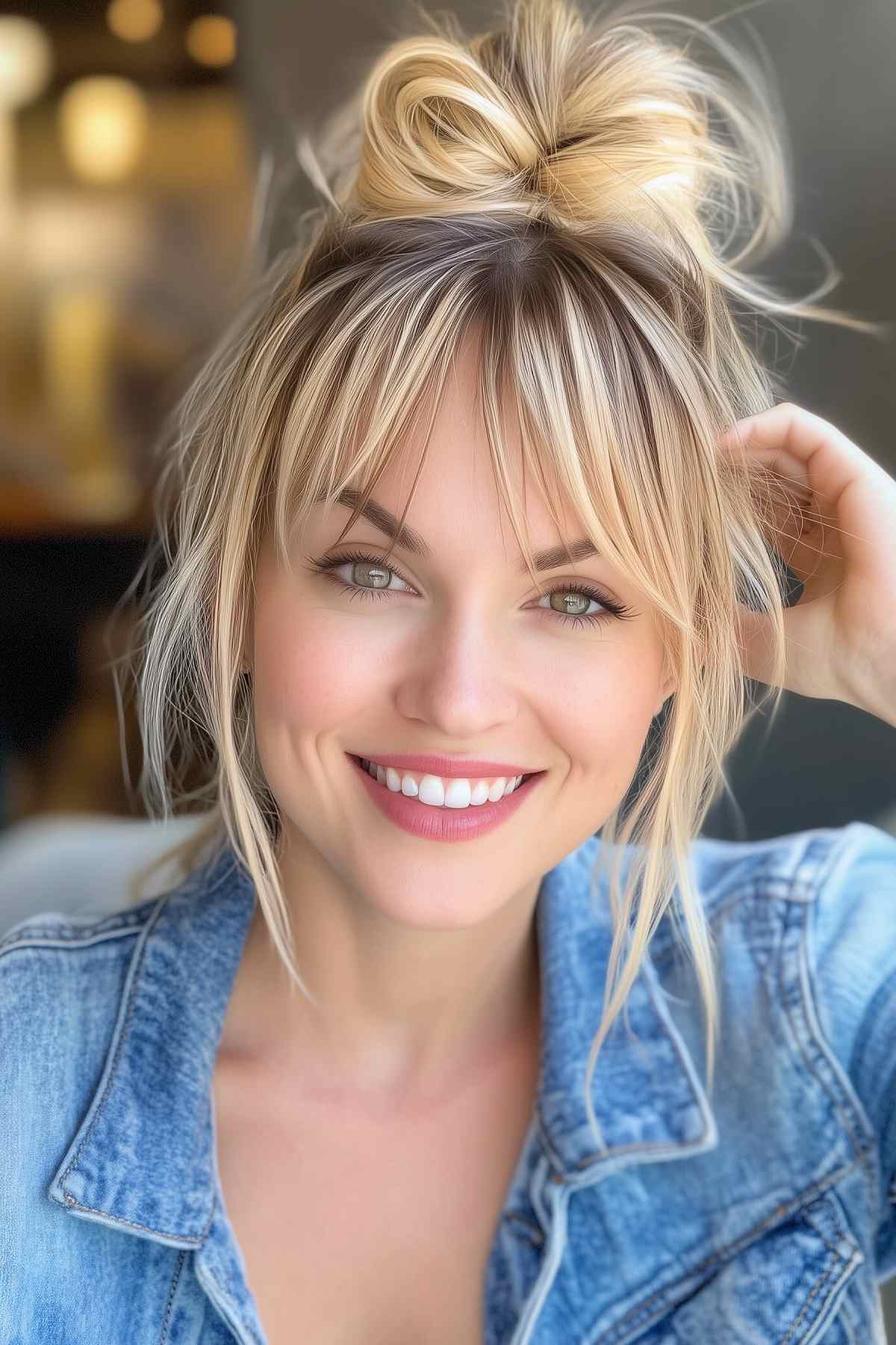 Woman with a messy bun and curtain bangs, light blonde hair with platinum highlights