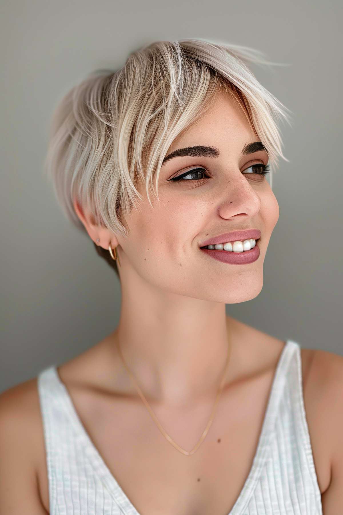 Woman with pixie cut and curtain bangs, platinum blonde hair with silver highlights