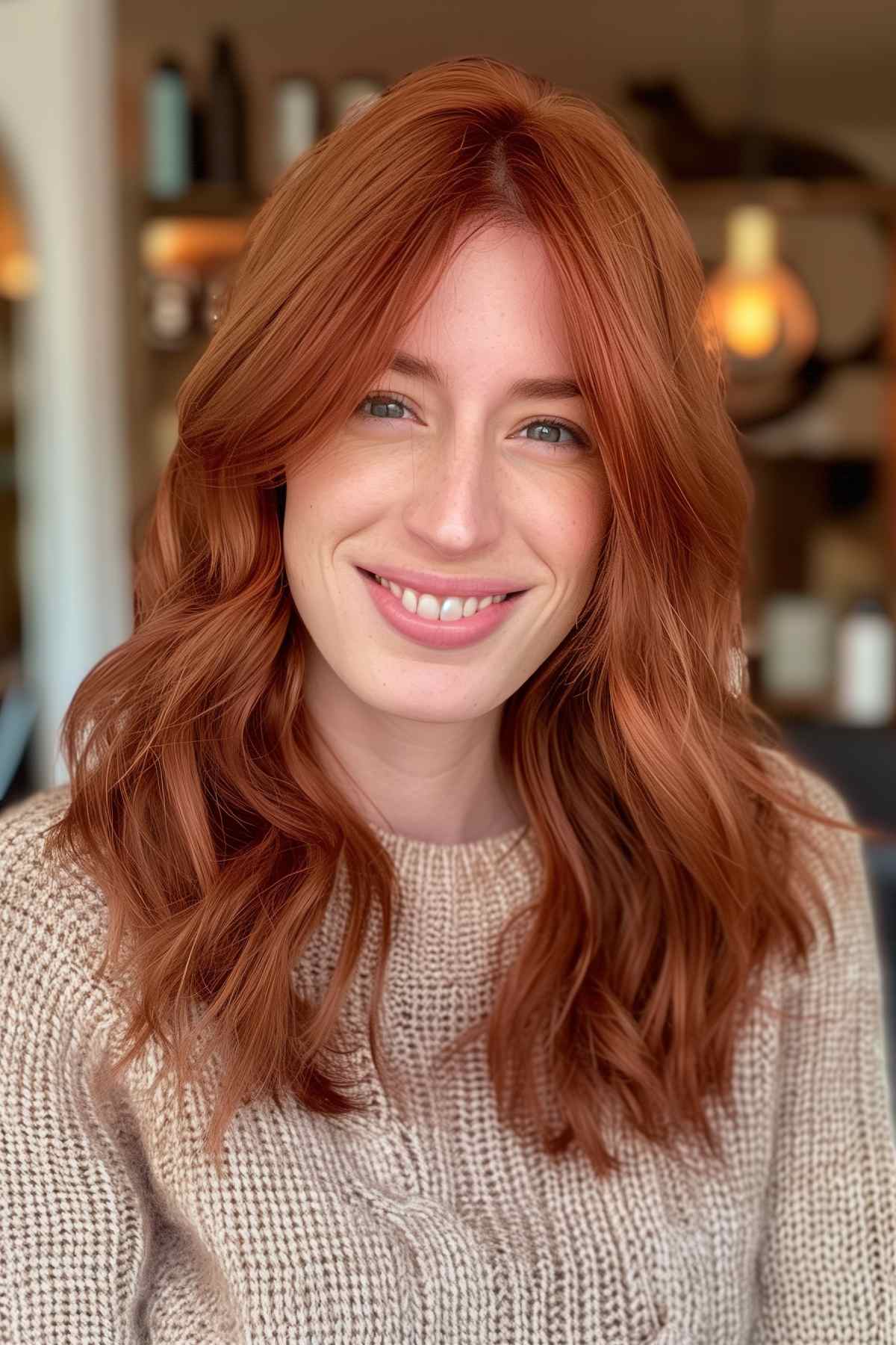 Woman with shaggy layers and curtain bangs, auburn hair with copper highlights