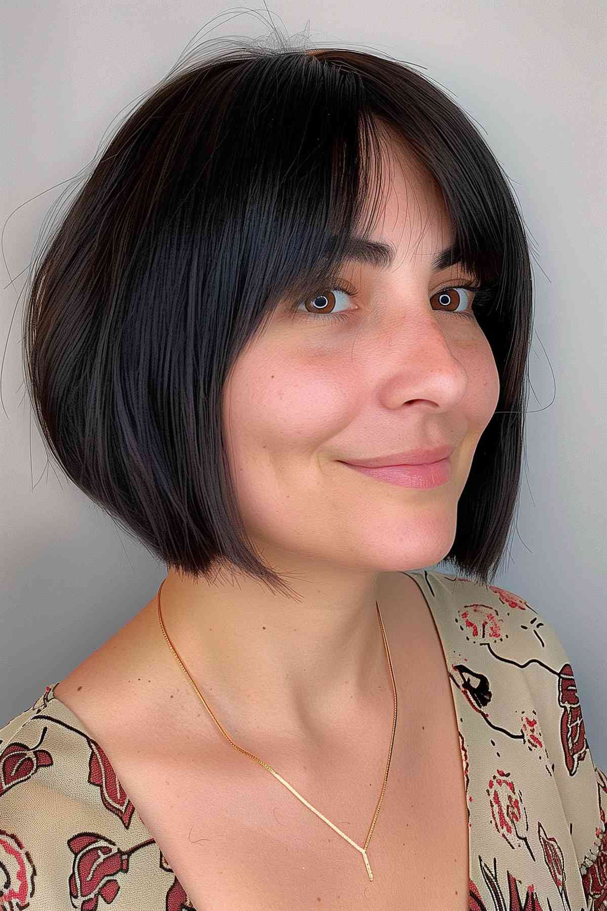 Woman with a short bob and curtain bangs, jet black hair with blue highlights