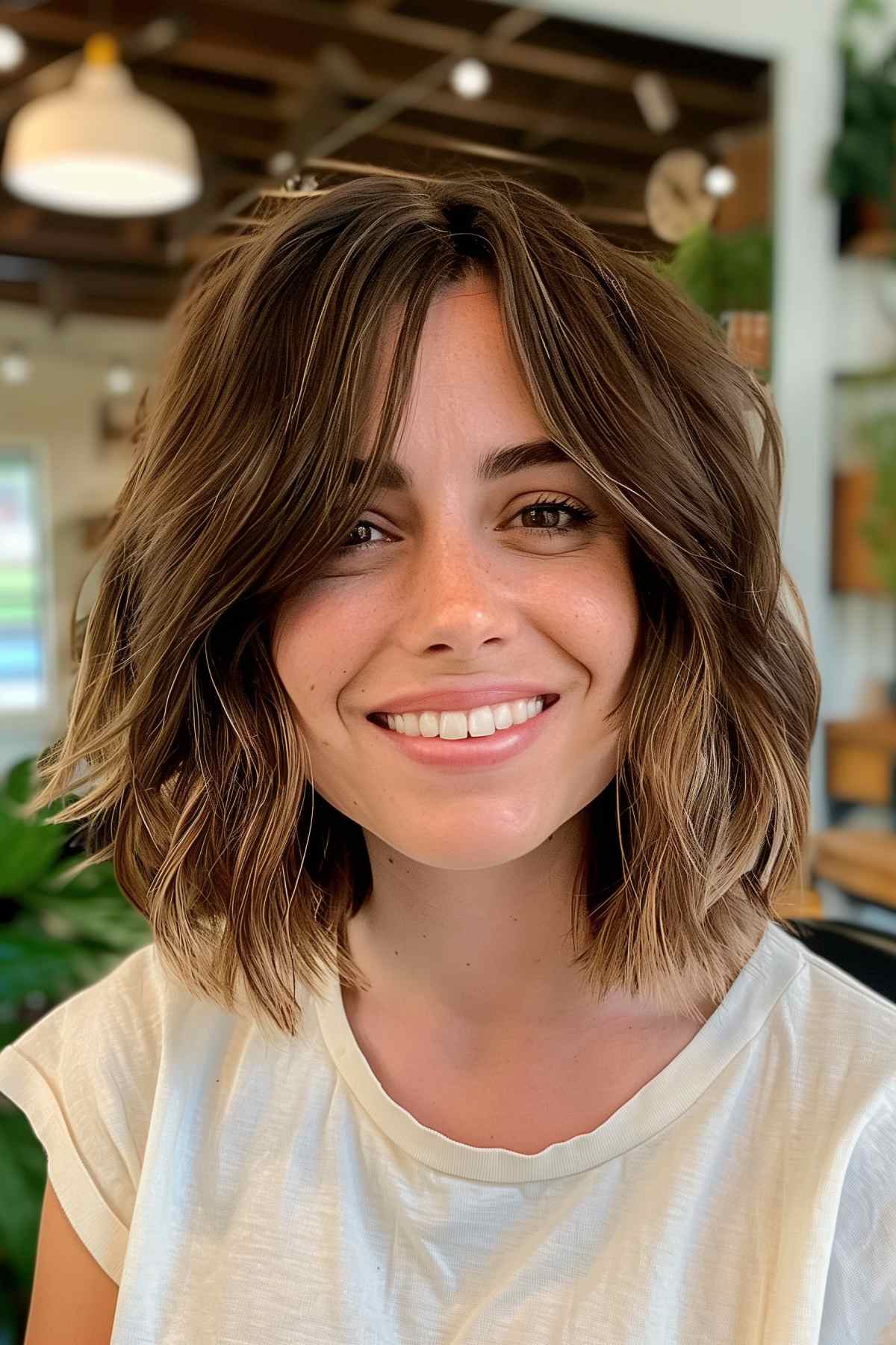 Woman with short shag and curtain bangs, auburn hair with copper highlights