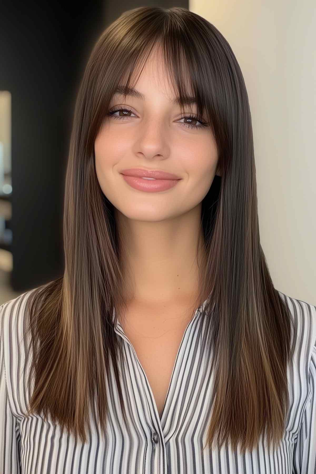 Woman with sleek straight curtain bangs, brunette hair with subtle highlights