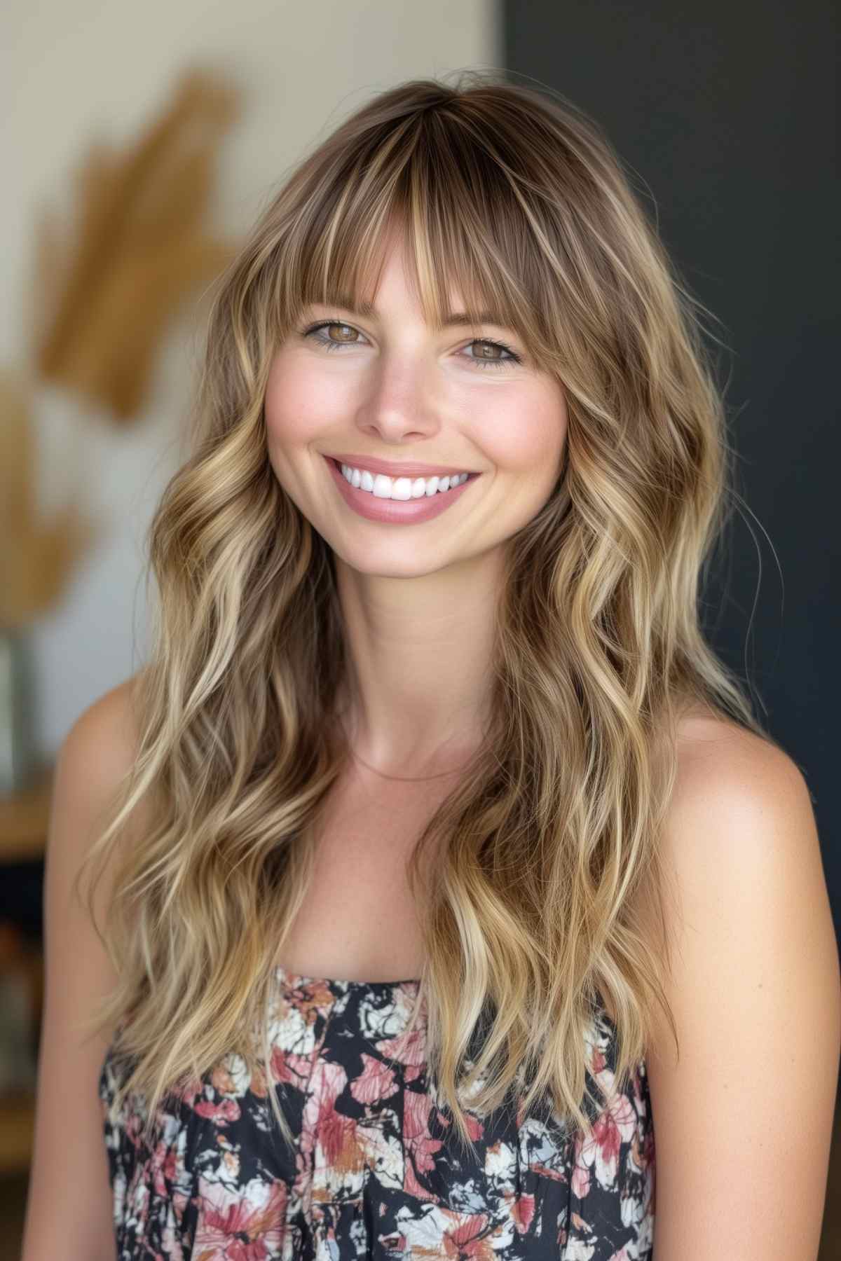 Woman with soft waves and curtain bangs, blonde hair with caramel highlights