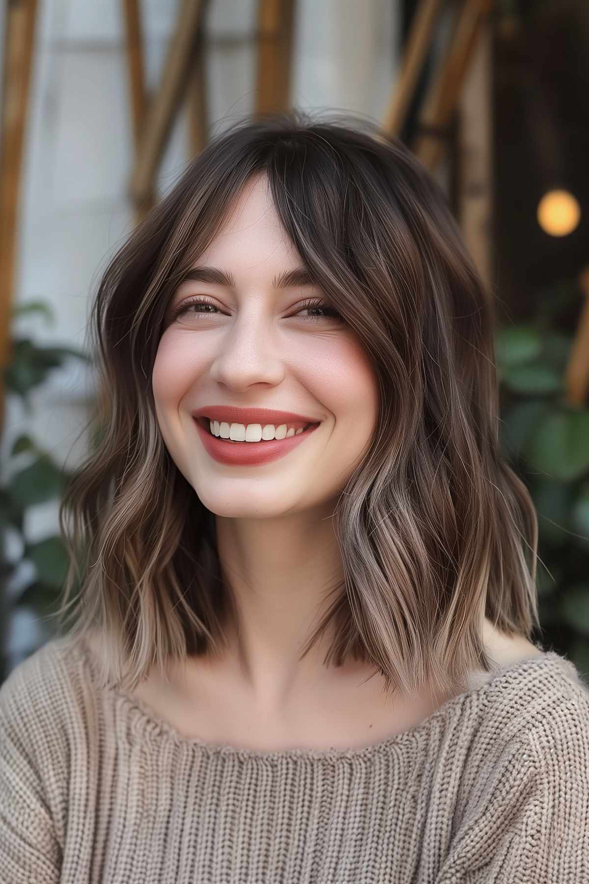 Woman with textured lob and curtain bangs, dark blonde hair with ash highlights