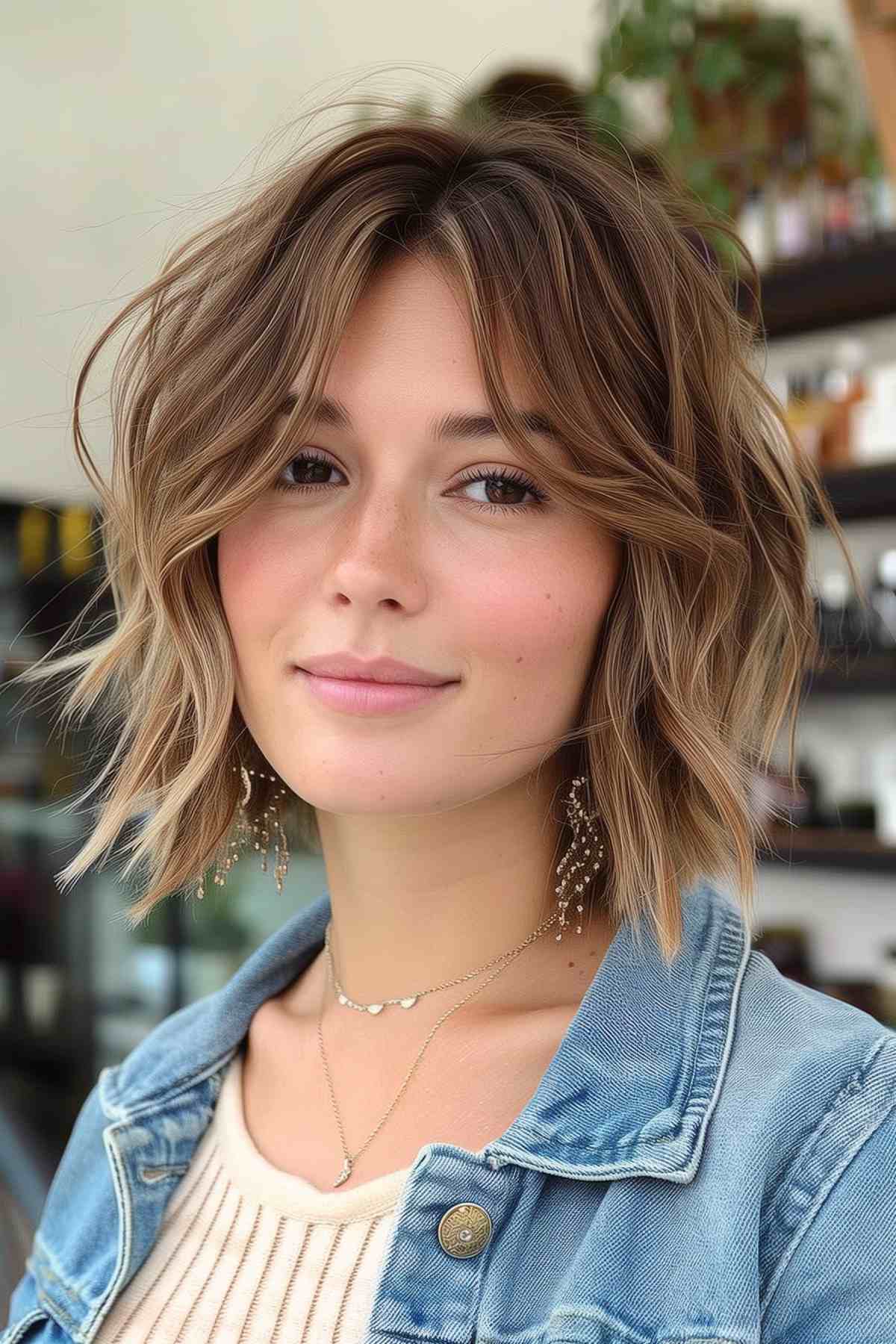 Woman with tousled bob and curtain bangs, light brown hair with blonde highlights