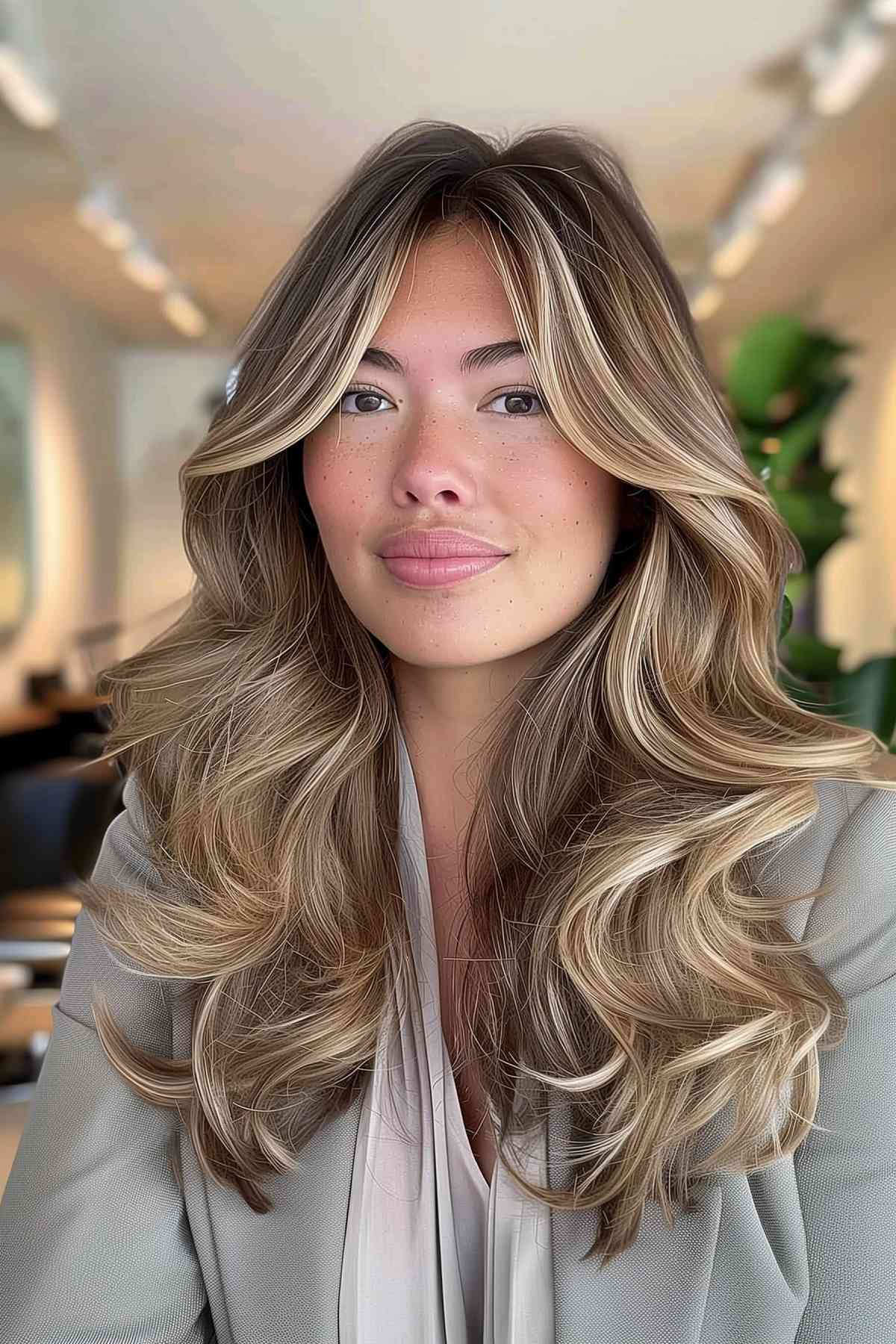 Woman with voluminous blowout and curtain bangs, brunette hair with chestnut highlights