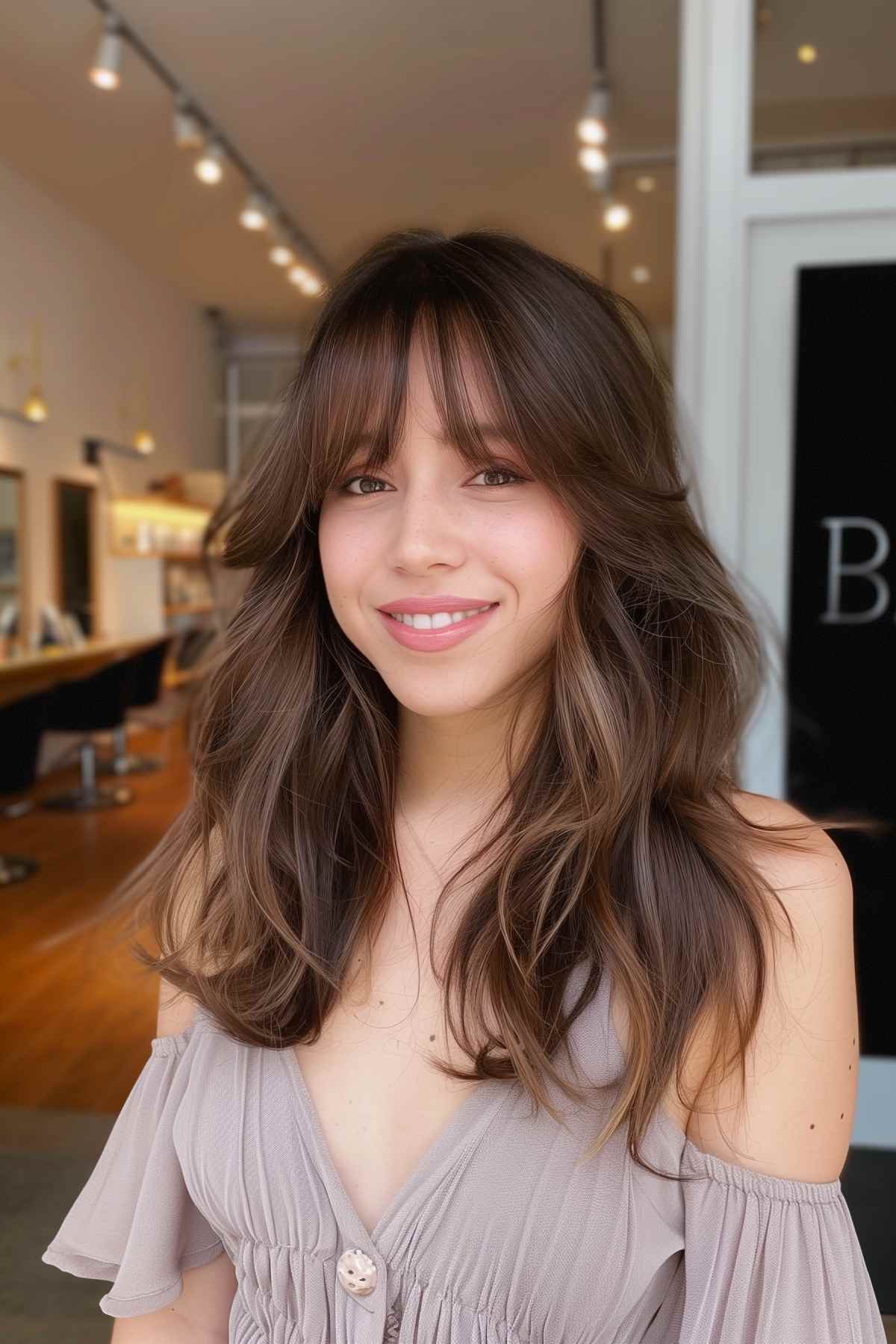 Woman with wispy curtain bangs and layers, dark brown hair with auburn highlights