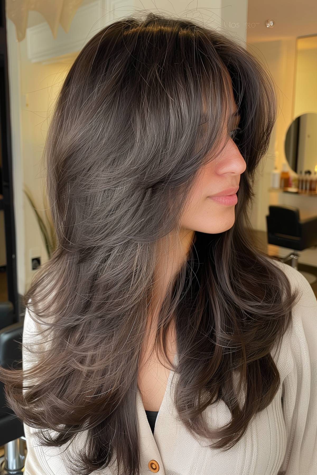 Woman with long layers and curtain bangs, dark blonde hair with honey highlights