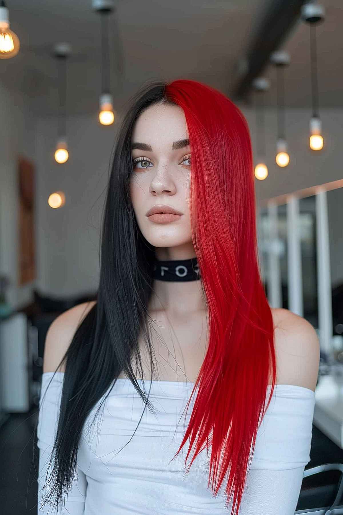 Long straight hair with half black and half red color