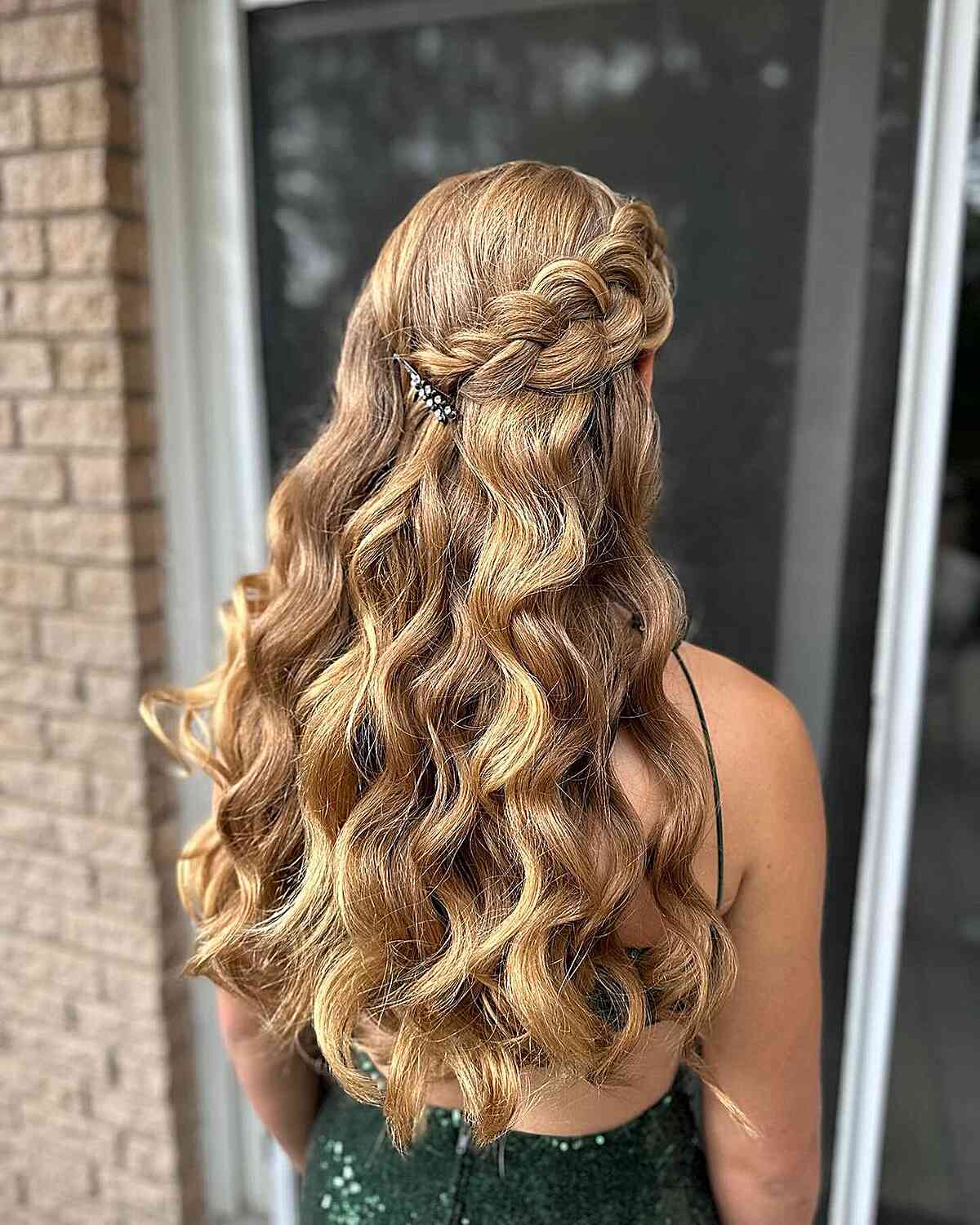 Half Braided Headband with Long-Length Loose Curls for Prom Night