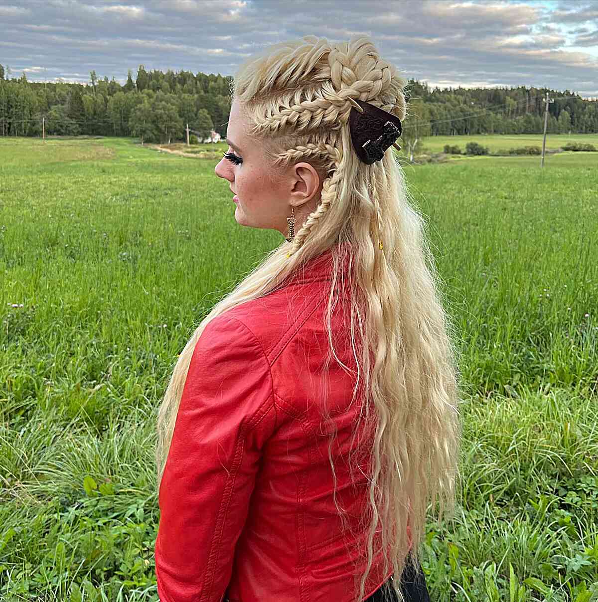 Half Bun with Viking Braids for Very Long Blonde Hair