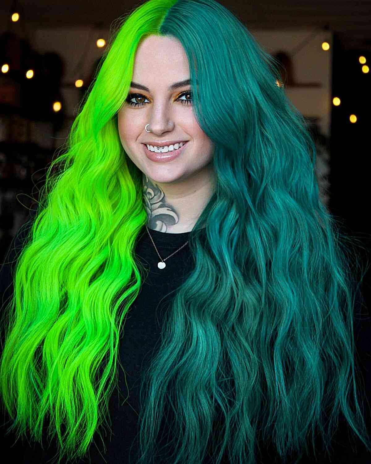 Half Neon Green, Half Teal Long Thick Hair
