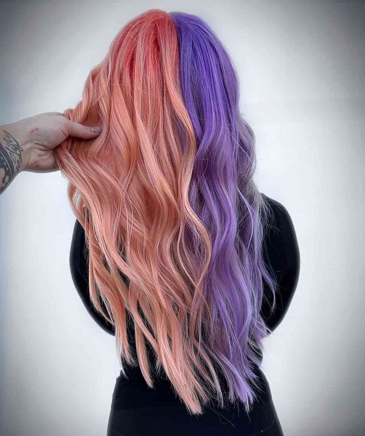 Half Pastel Peach Half Purple Hair Color Idea