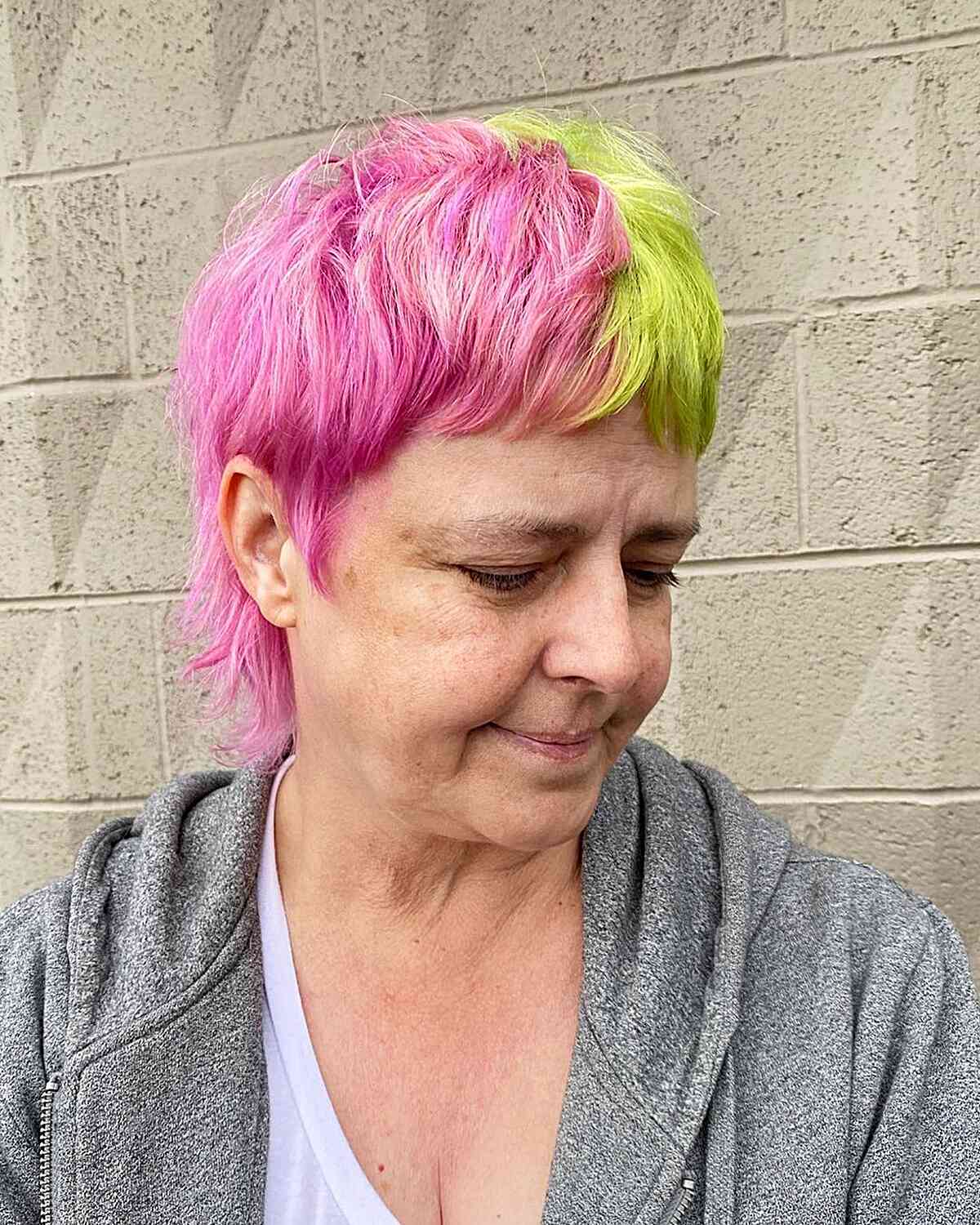 Half Pink, Half Green Pixie Shag Mullet for Older Ladies Aged 70