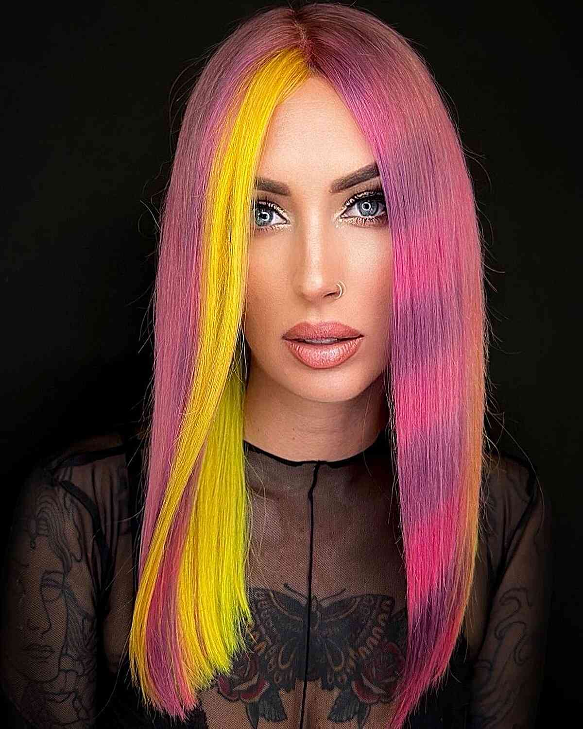 Half Pink, Half Yellow Hair Color Idea for women with edgy personalities