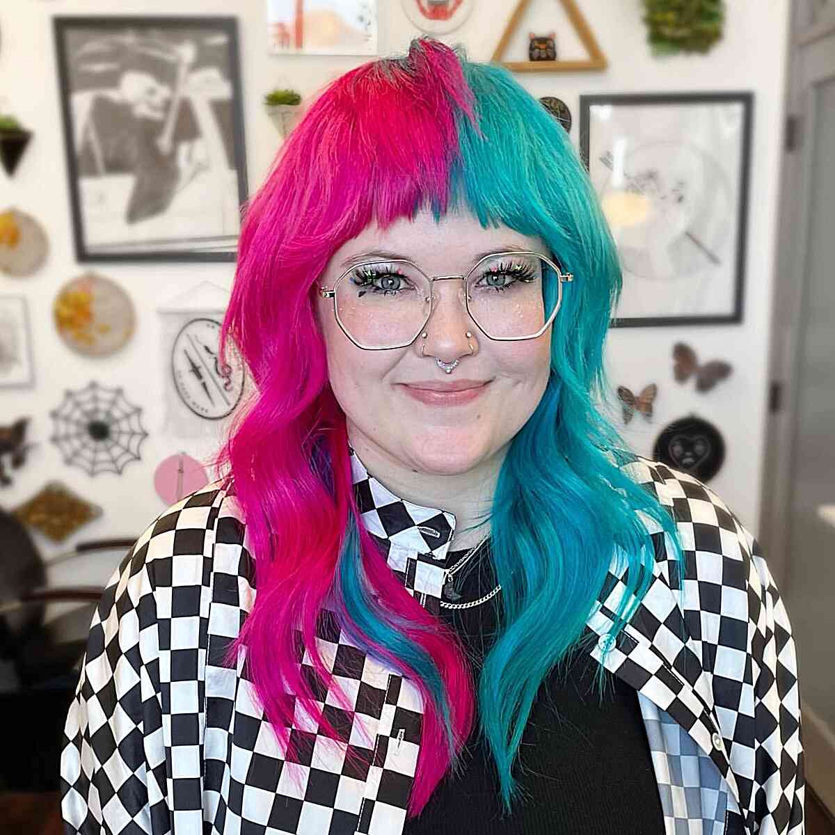 Half Teal, Half Pink Shag Hair Color Idea for women who wear eyeglasses