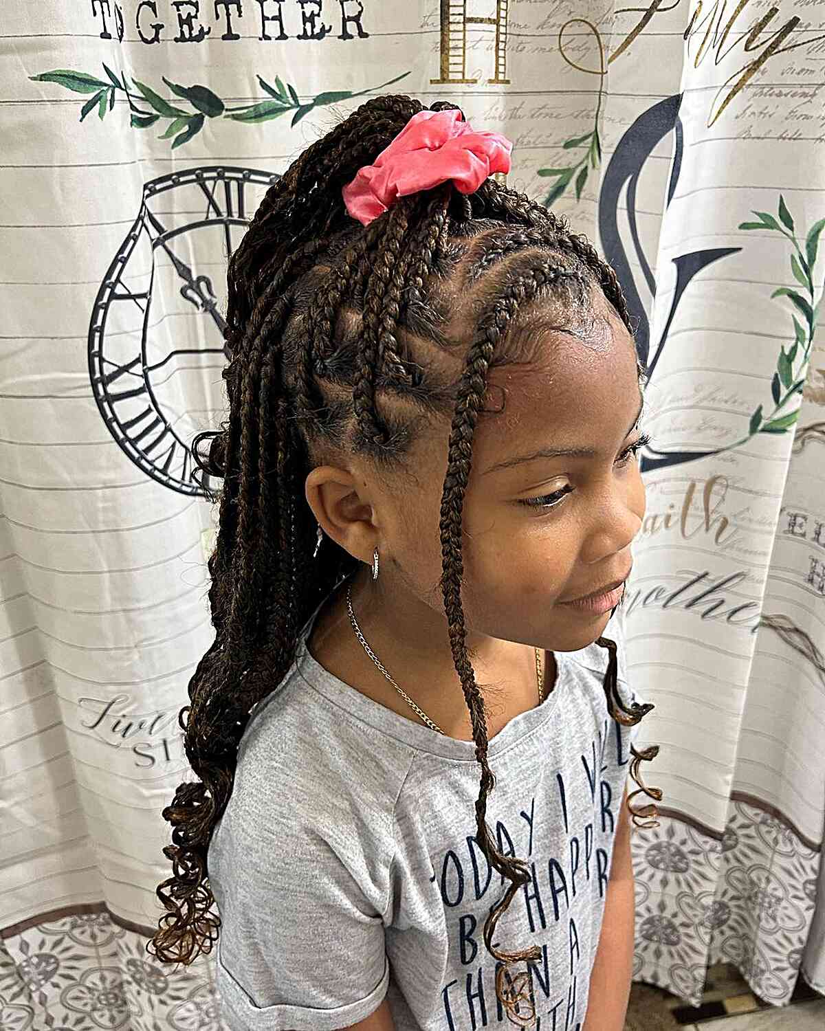 Half-Up Long Box Braids with Curls for Young Black Kids