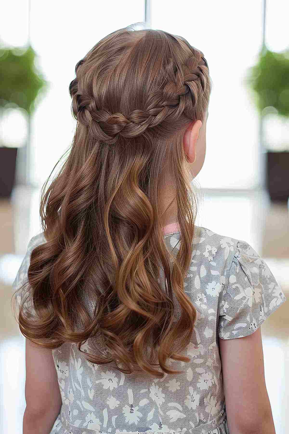 Young girl with a half-up braided crown and loose waves hairstyle