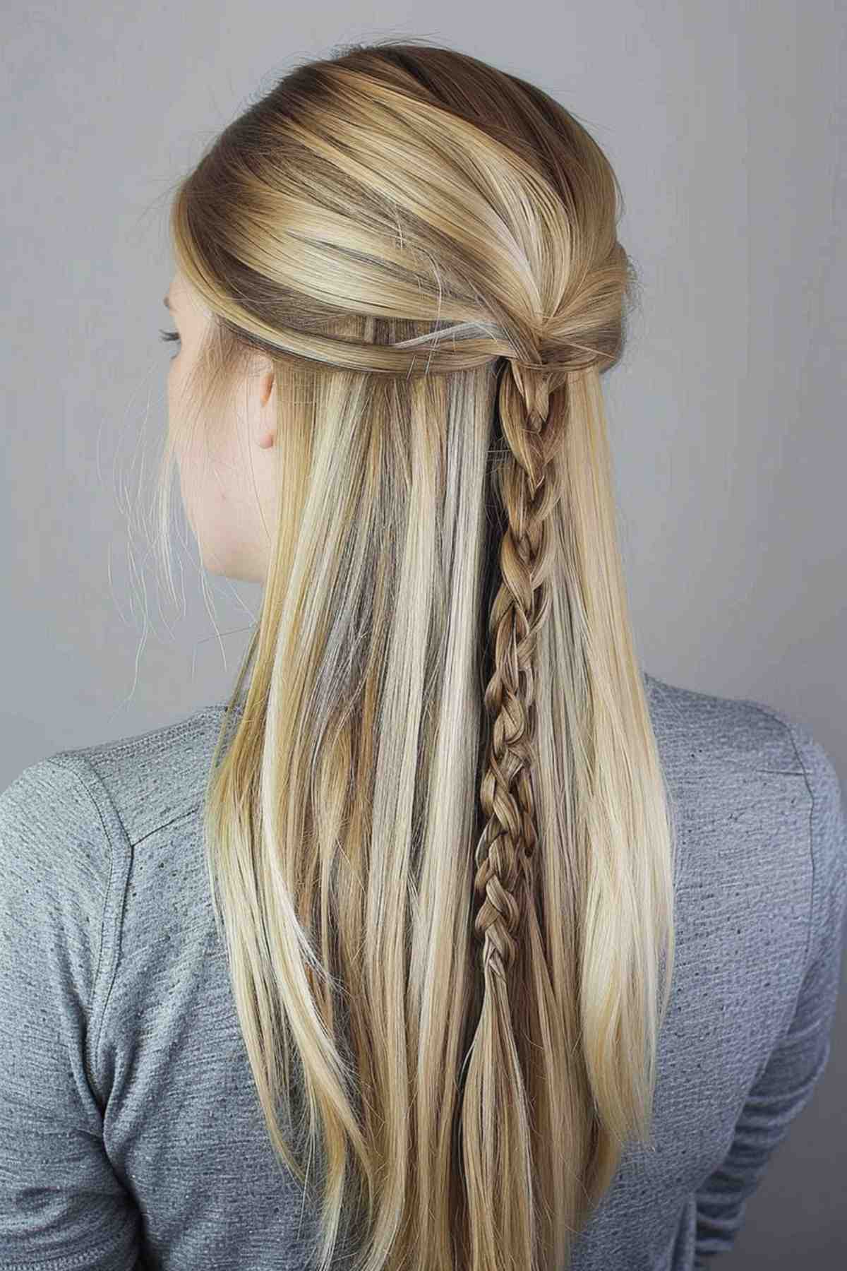 Woman with half-up braided hairstyle, suitable for straight hair