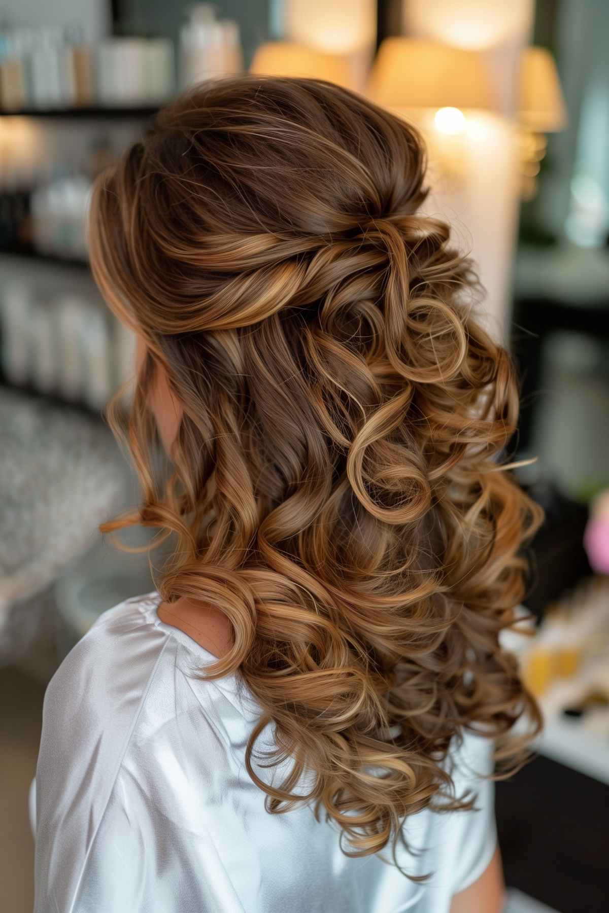 half-up hairstyle with voluminous curls for women