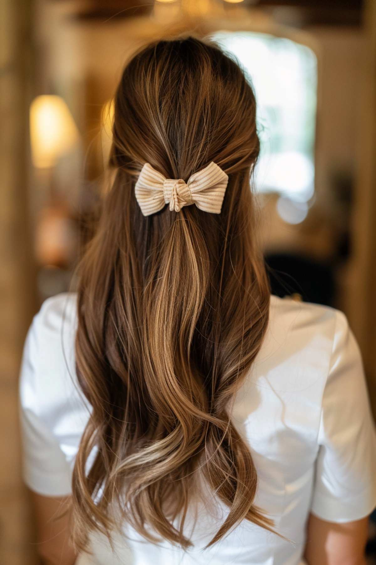 Half-up hairstyle with bow for teachers