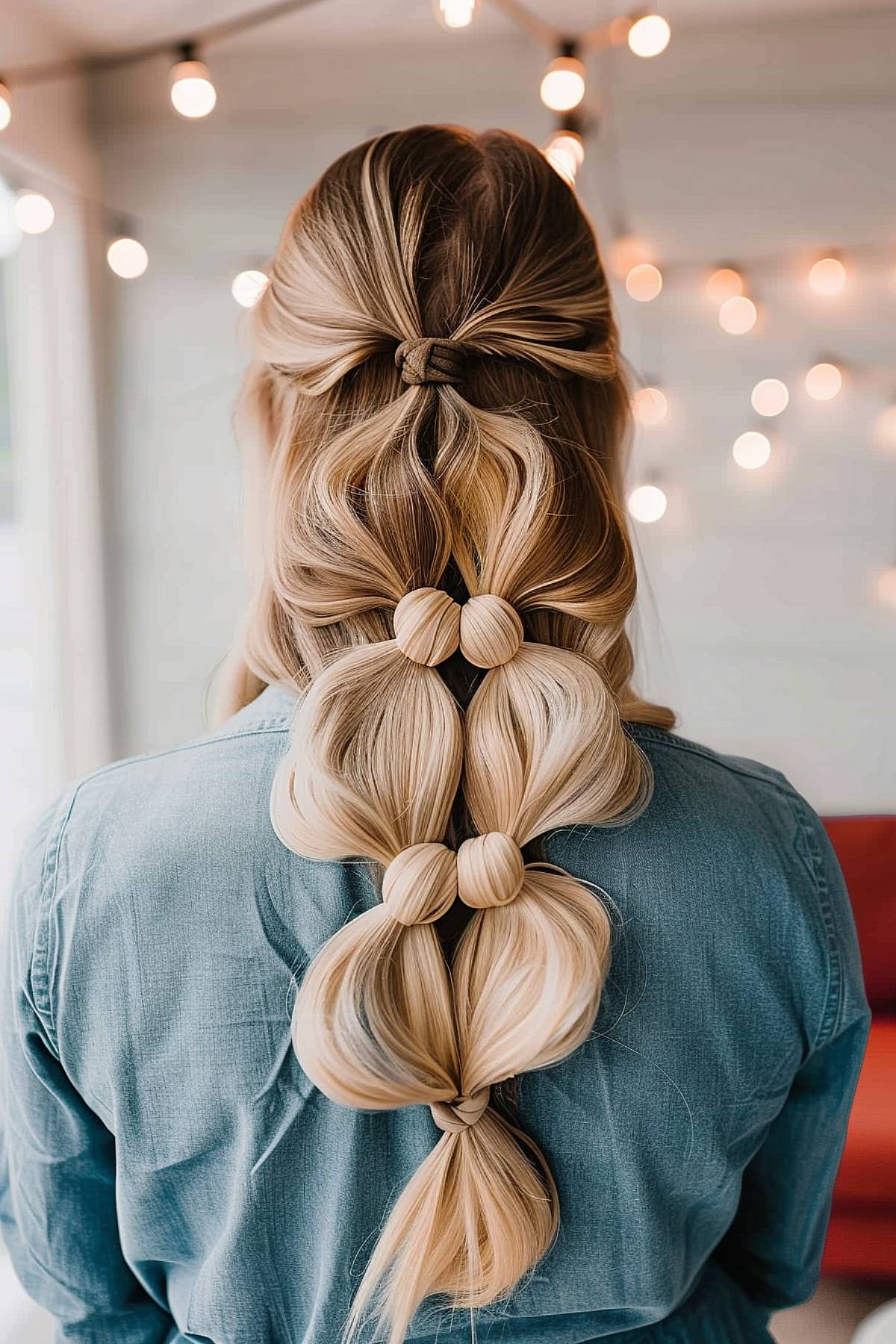 A woman with long layered hair in a half-up, half-down bubble braid, radiating elegance and volume.
