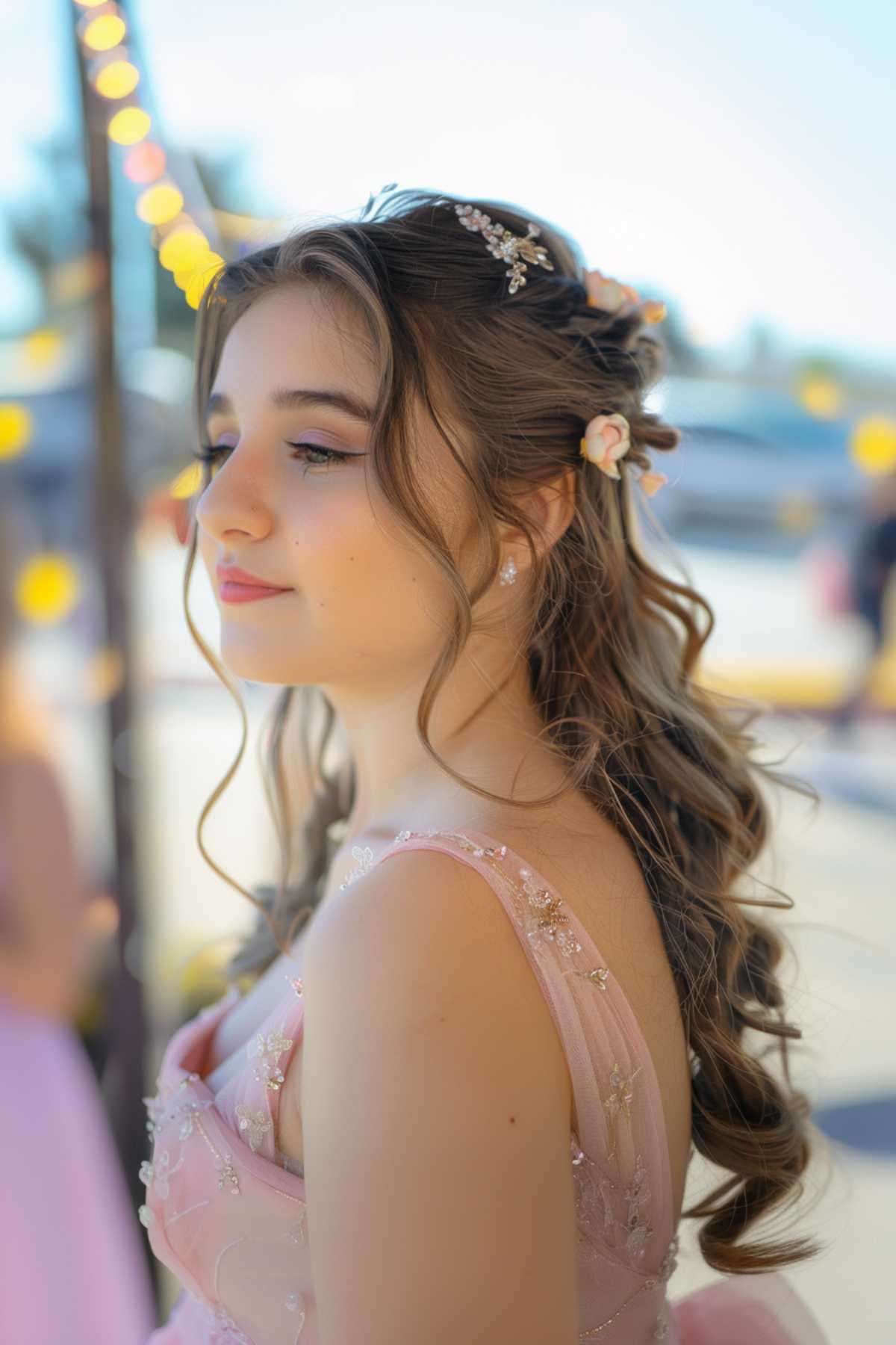 Half-up half-down curls with hair accessories, perfect for a wedding guest