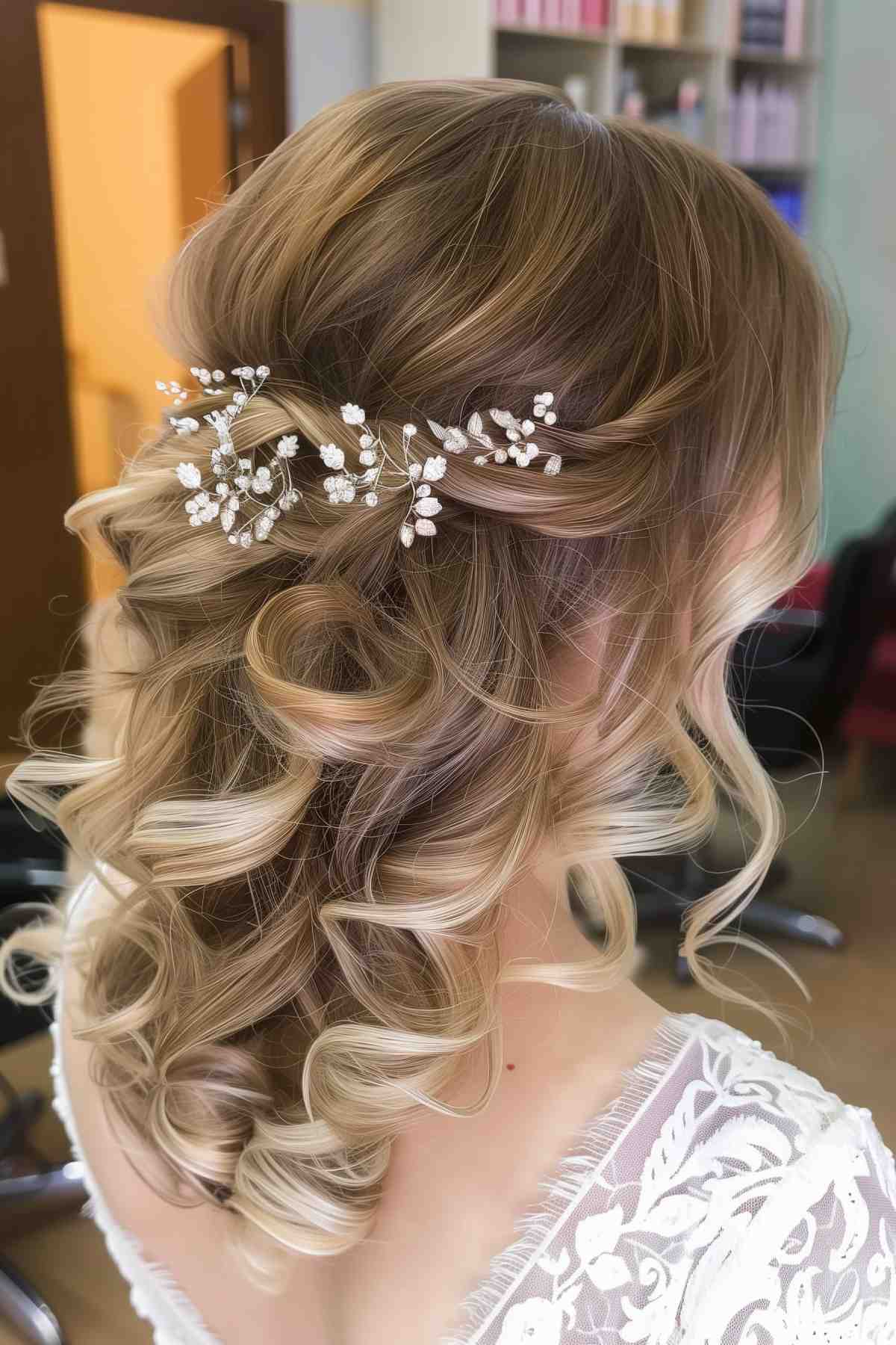 Half-up, half-down hairstyle with loose curls and a floral accessory