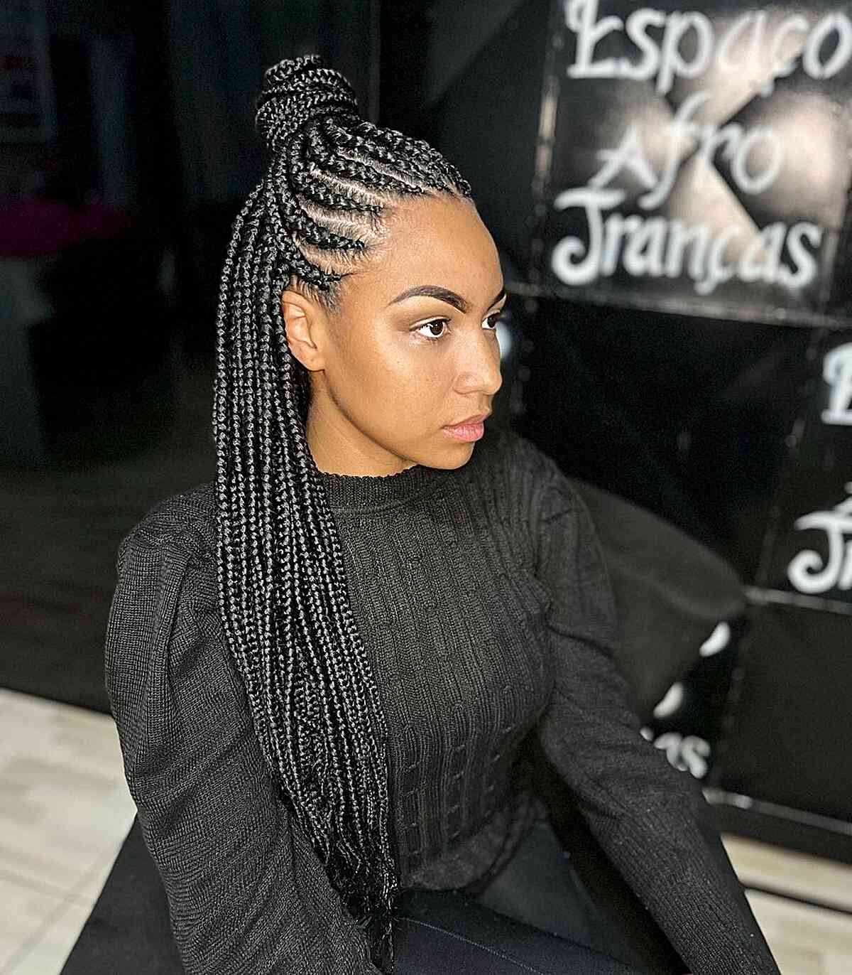 Half Up Half Down Feed-In Braids for Black Ladies with Long Hair