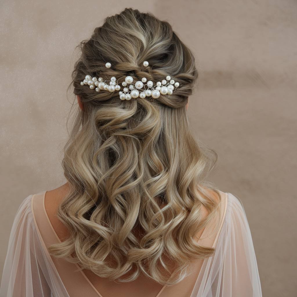 Half up half down prom hair with loose waves and pearl accessory