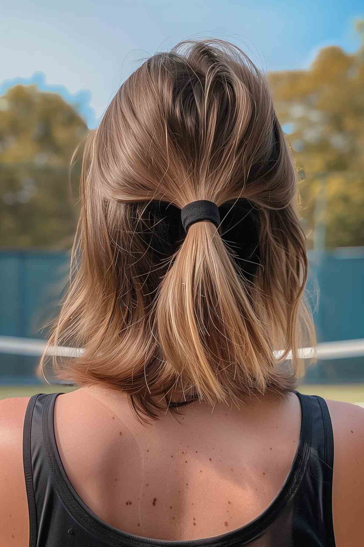 Half up half down hairstyle for short hair on the tennis court