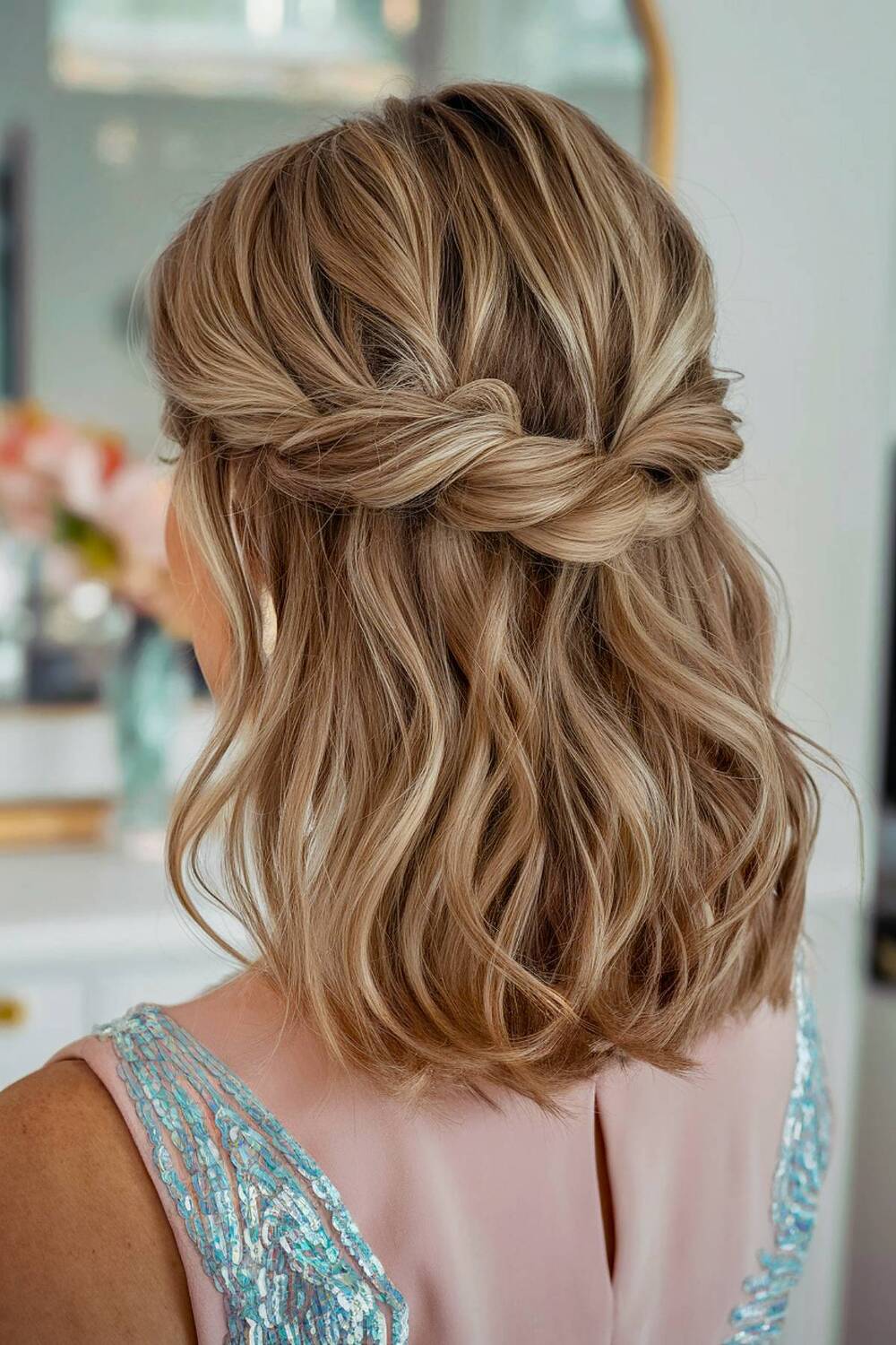 Elegant twisted half-up hairstyle on soft waves for a romantic shoulder-length look