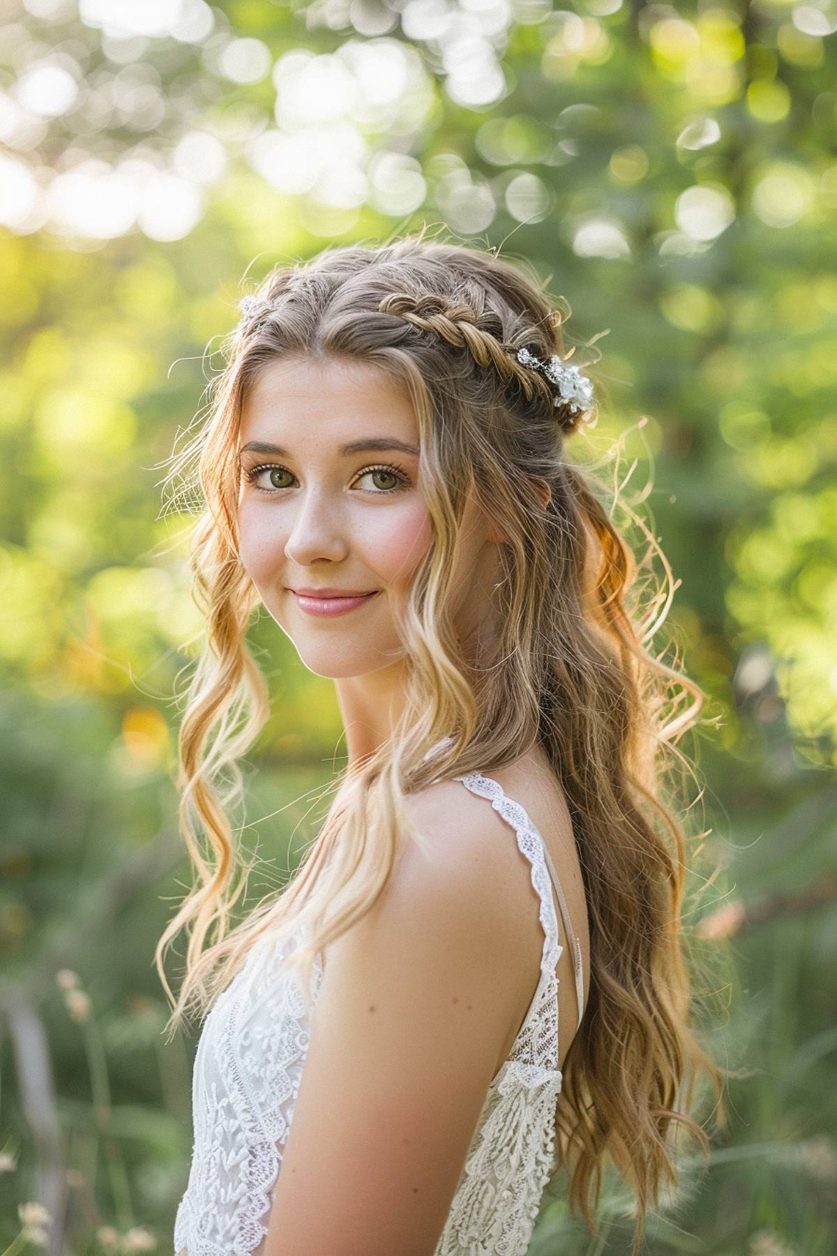 Cascading half-up hairstyle with braided crown