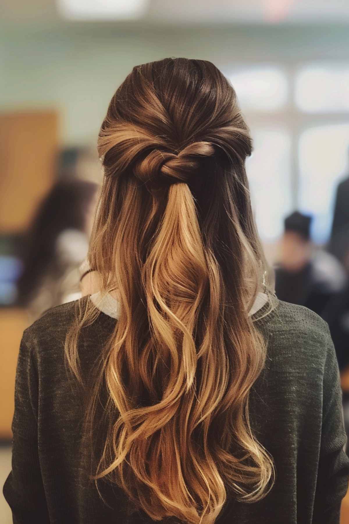 Half-up knot hairstyle with waves for teachers