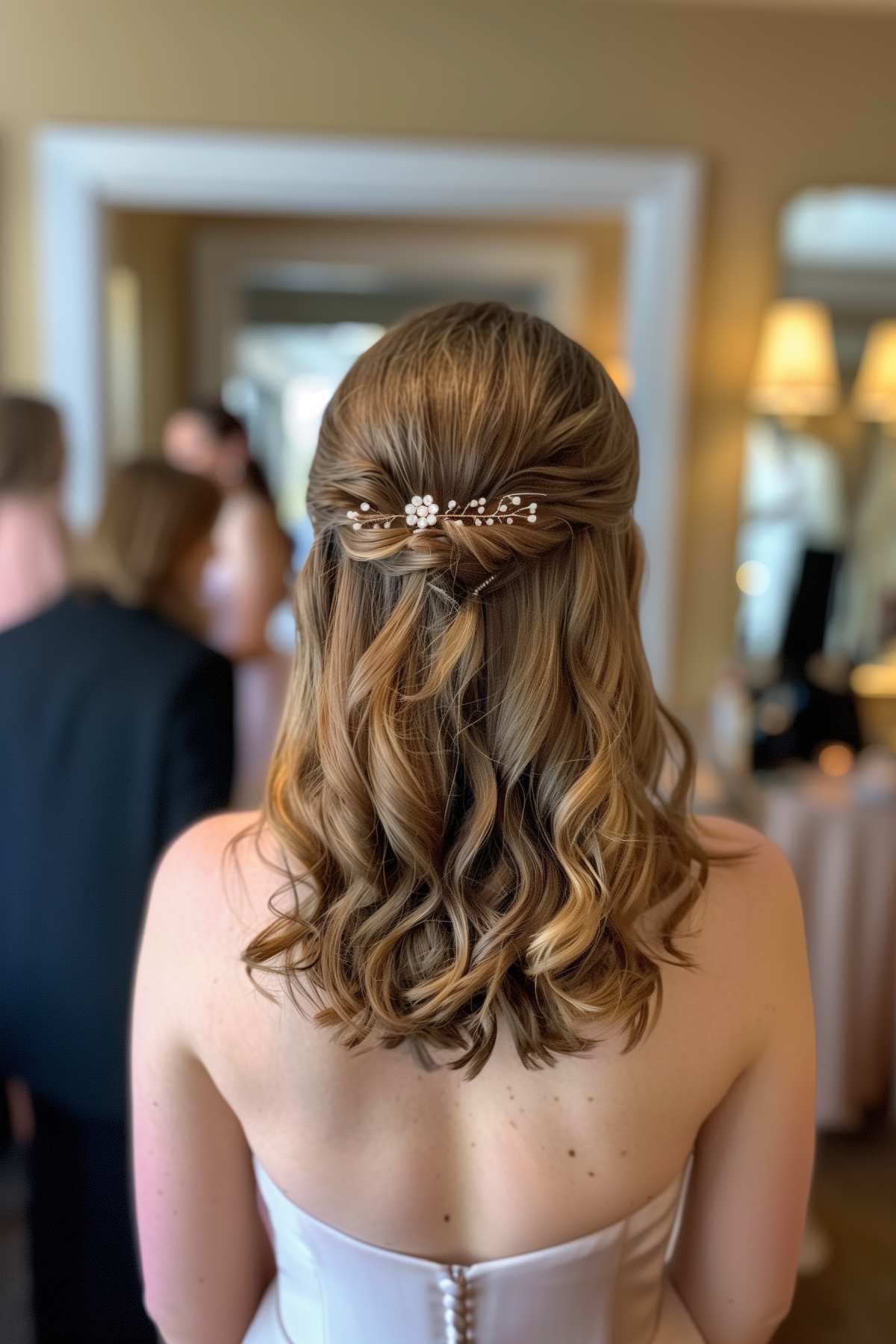 Half-up prom hairstyle with loose waves and a floral hairpin