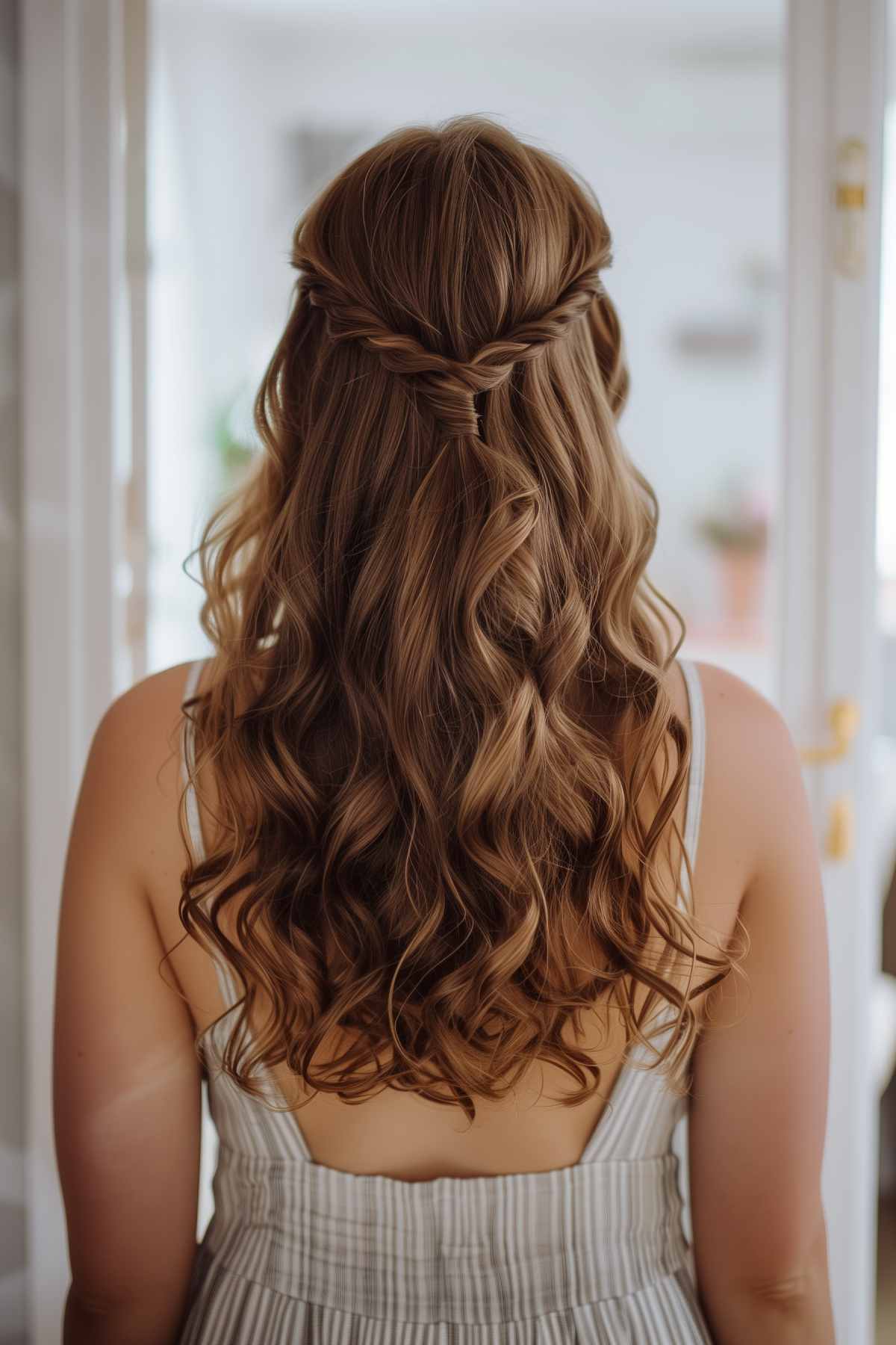 Back view of a half up twisted crown hairstyle with soft curls