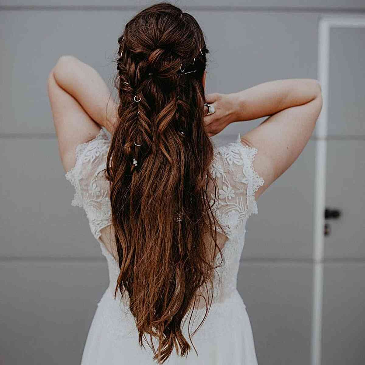 Half-Up Viking Fishtail Braid and Knots with Rings for Ladies' Long Locks