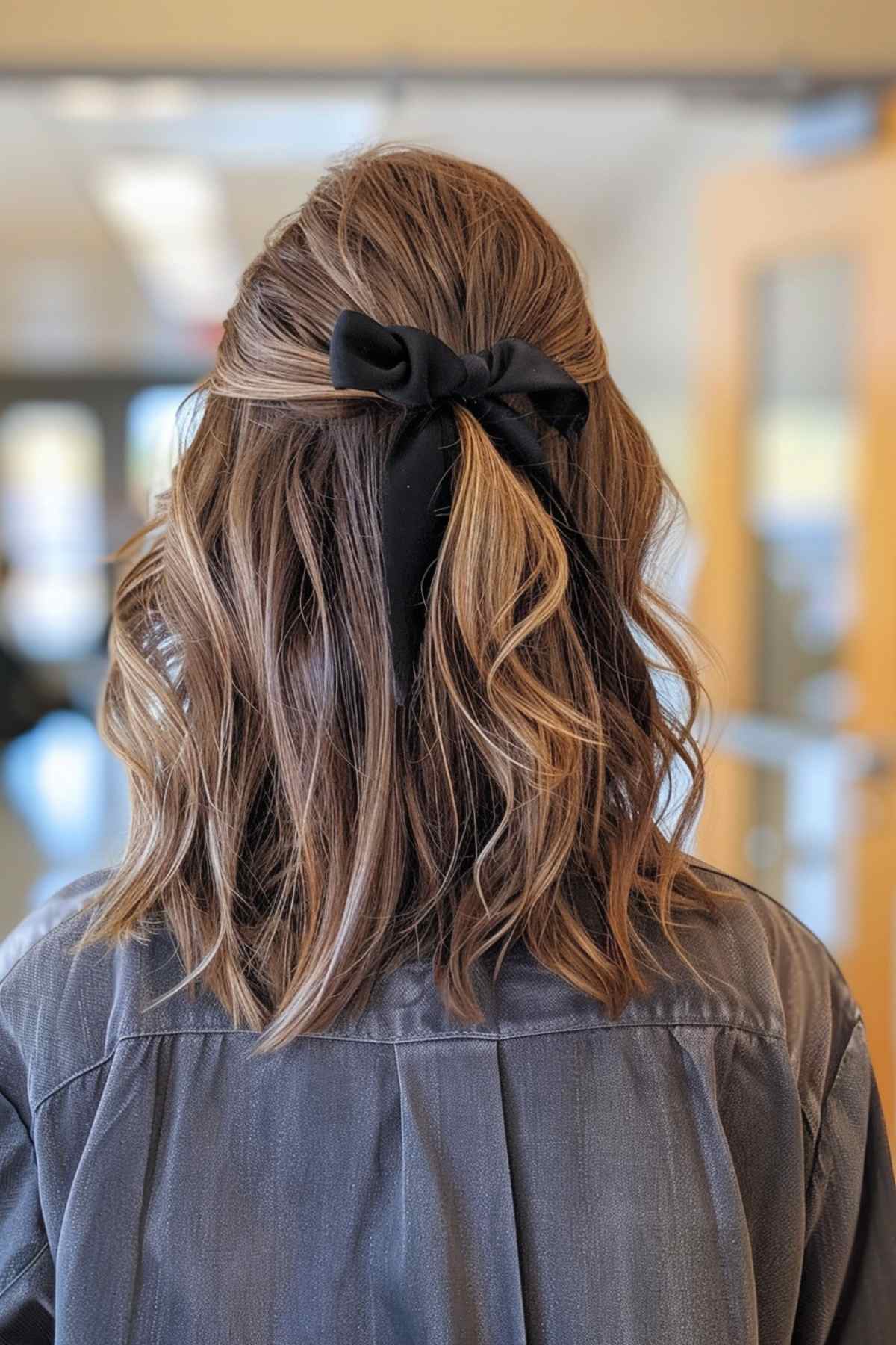 Half-up wavy hairstyle with ribbon for teachers