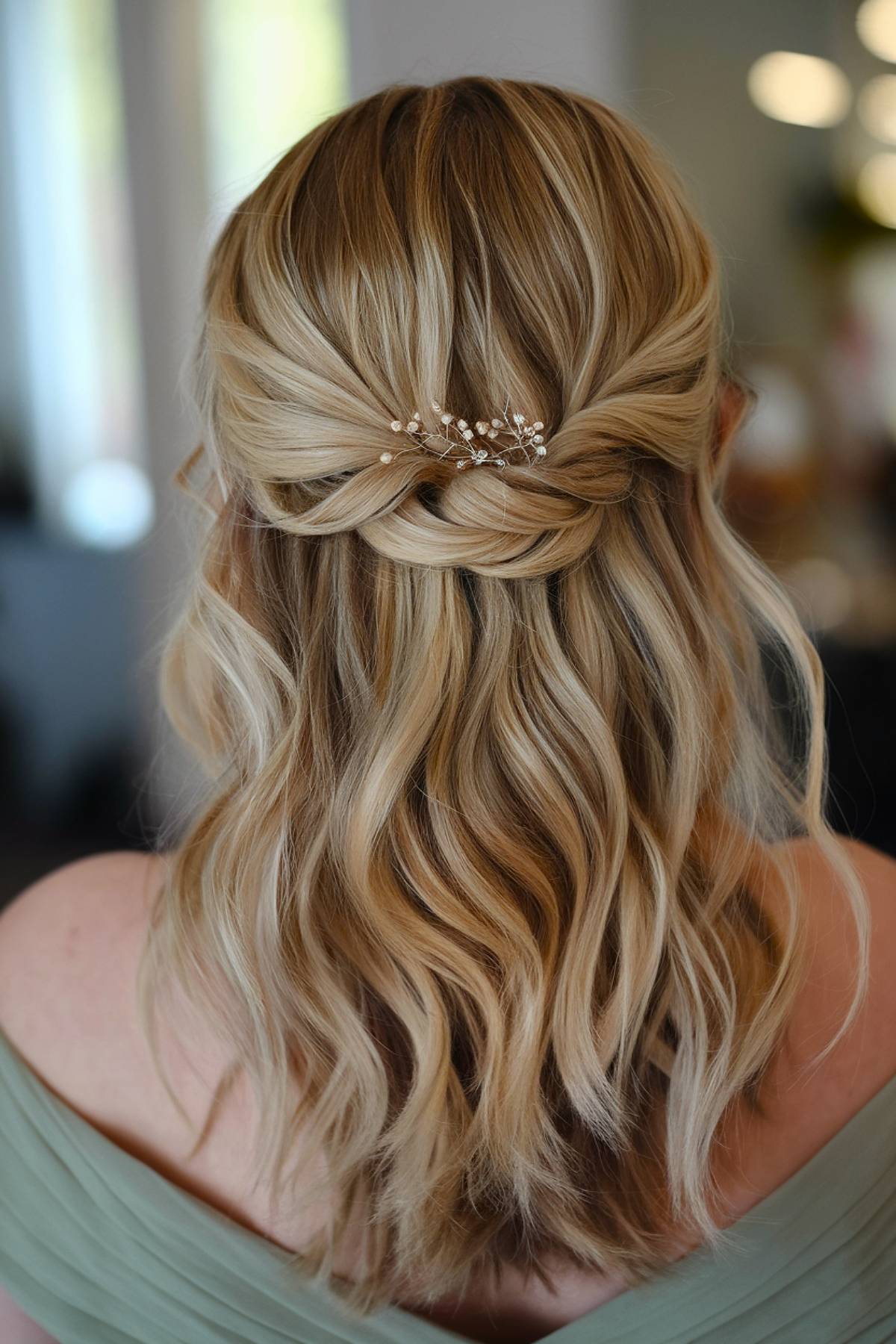 Half-up twisted wedding hairstyle with pearl pins