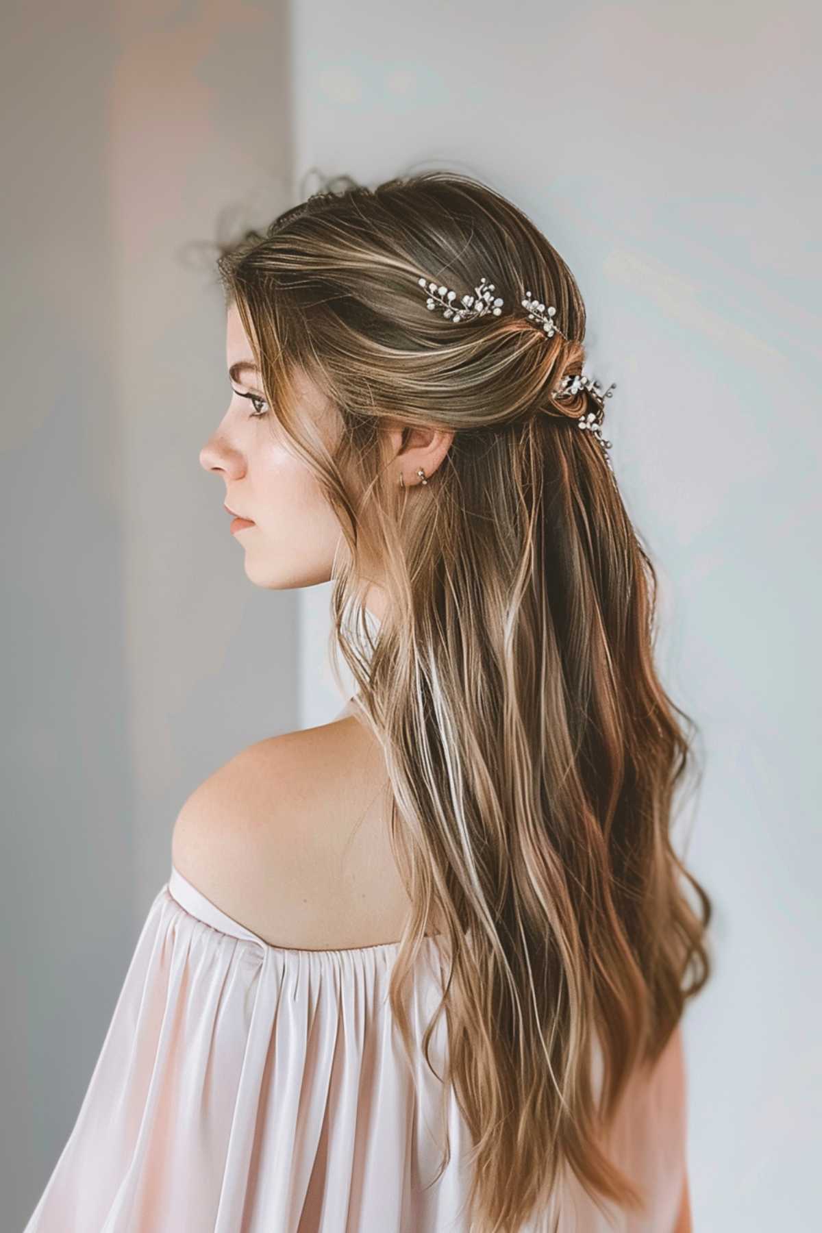 Woman with a half updo for extra long hair, suitable for various occasions