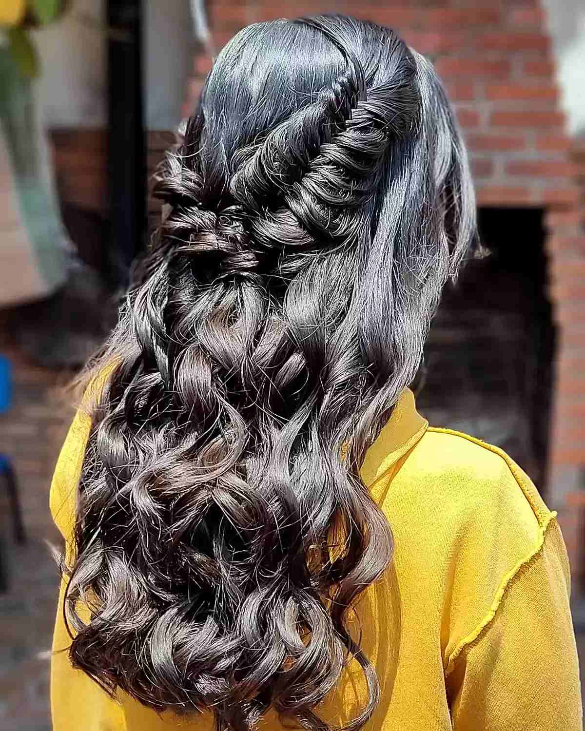 Mid Back-Length Hair with Half Updo and Double Fishtail Braids for Graduation