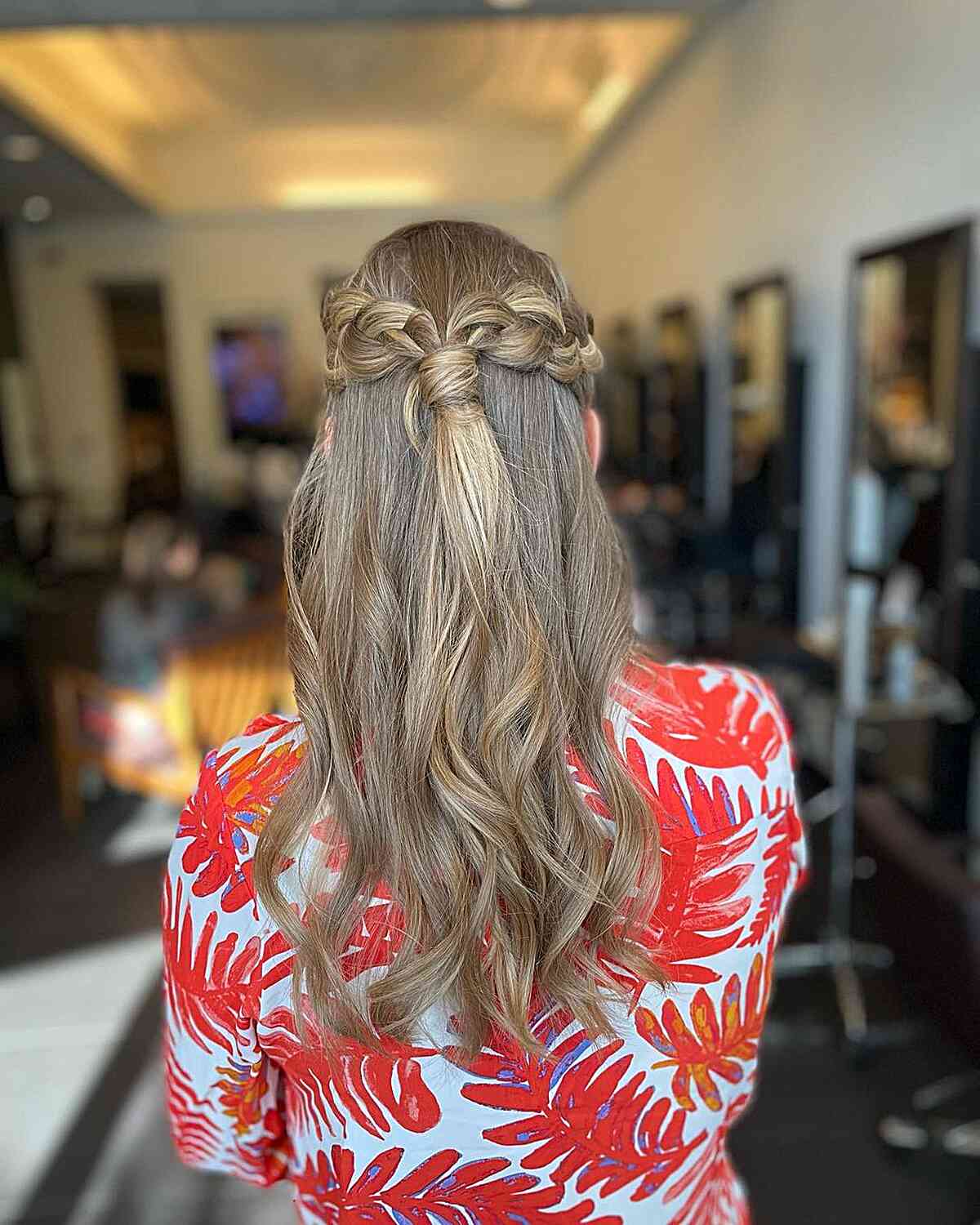 Half Upstyle with Pull-Through Braid for Mid Back-Length Hair for Wedding Guests