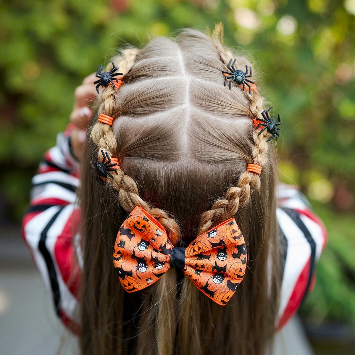 Halloween hair for kids with braids, spider clips, and pumpkin bows